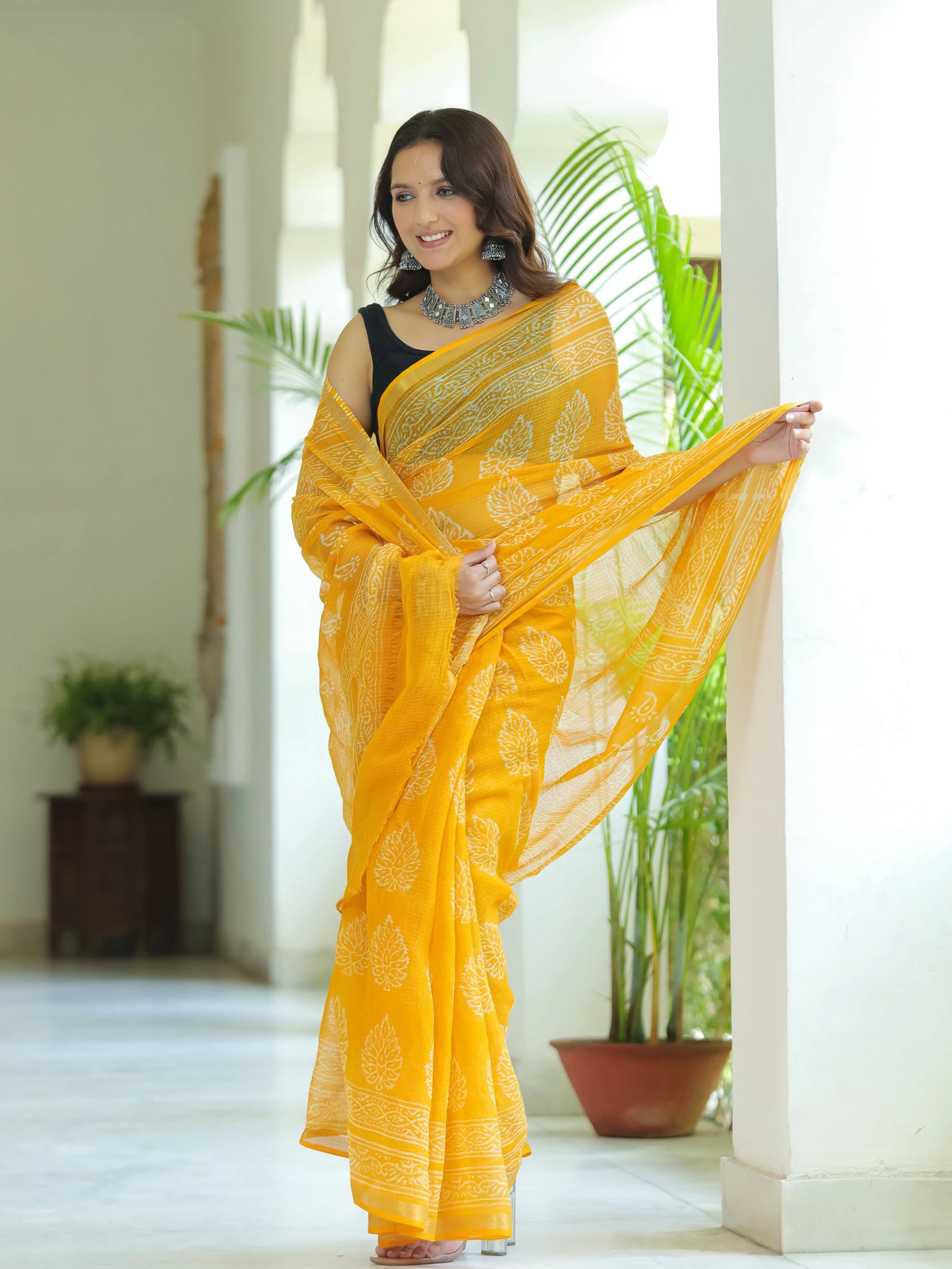 Yellow Bootie Pure Hand Block printed Kota Doria saree