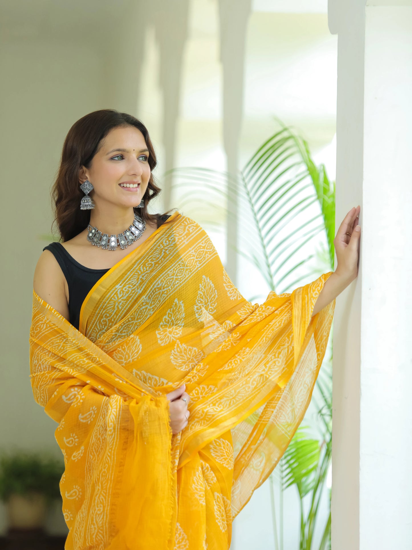 Yellow Bootie Pure Hand Block printed Kota Doria saree