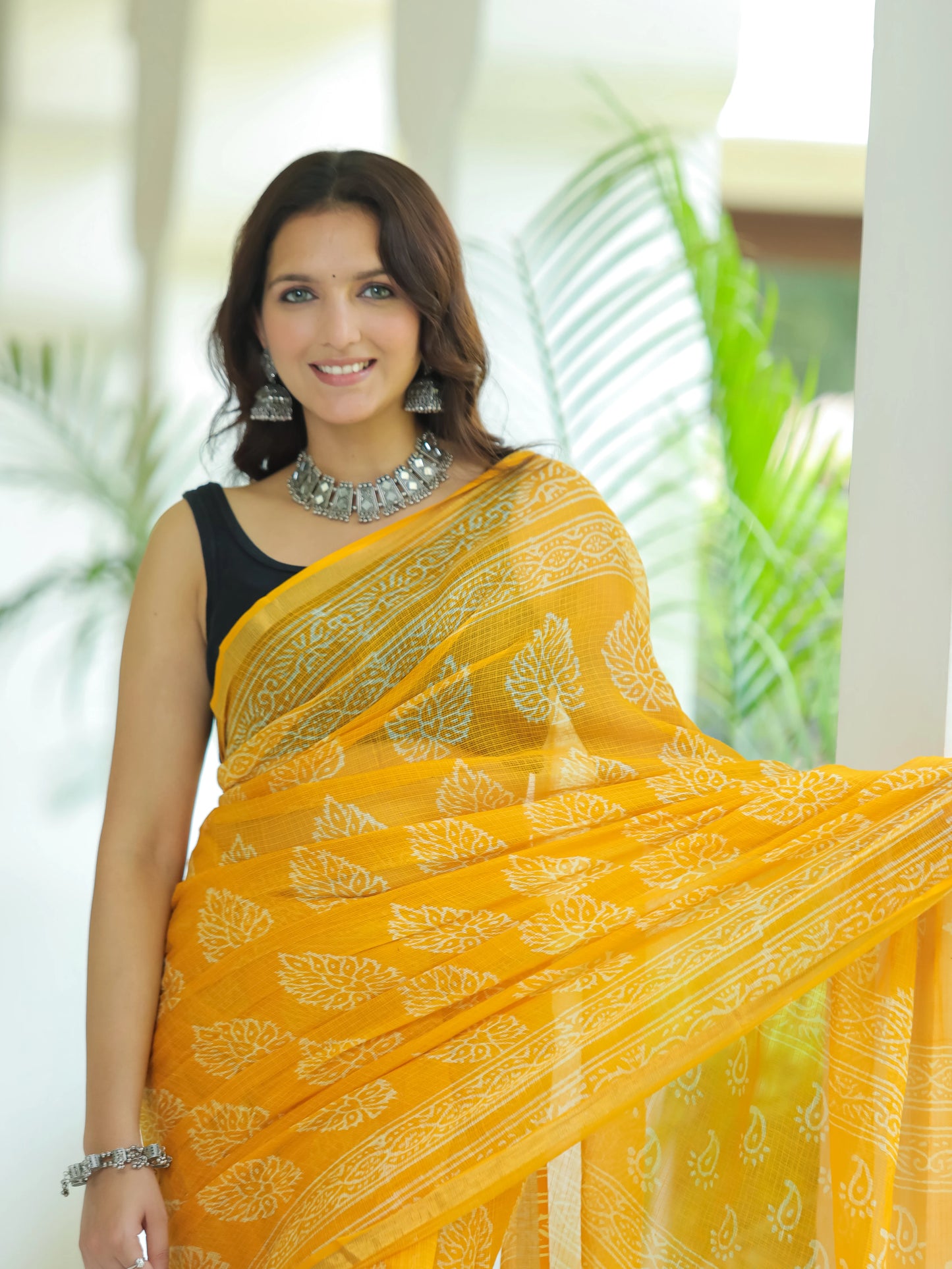 Yellow Bootie Pure Hand Block printed Kota Doria saree