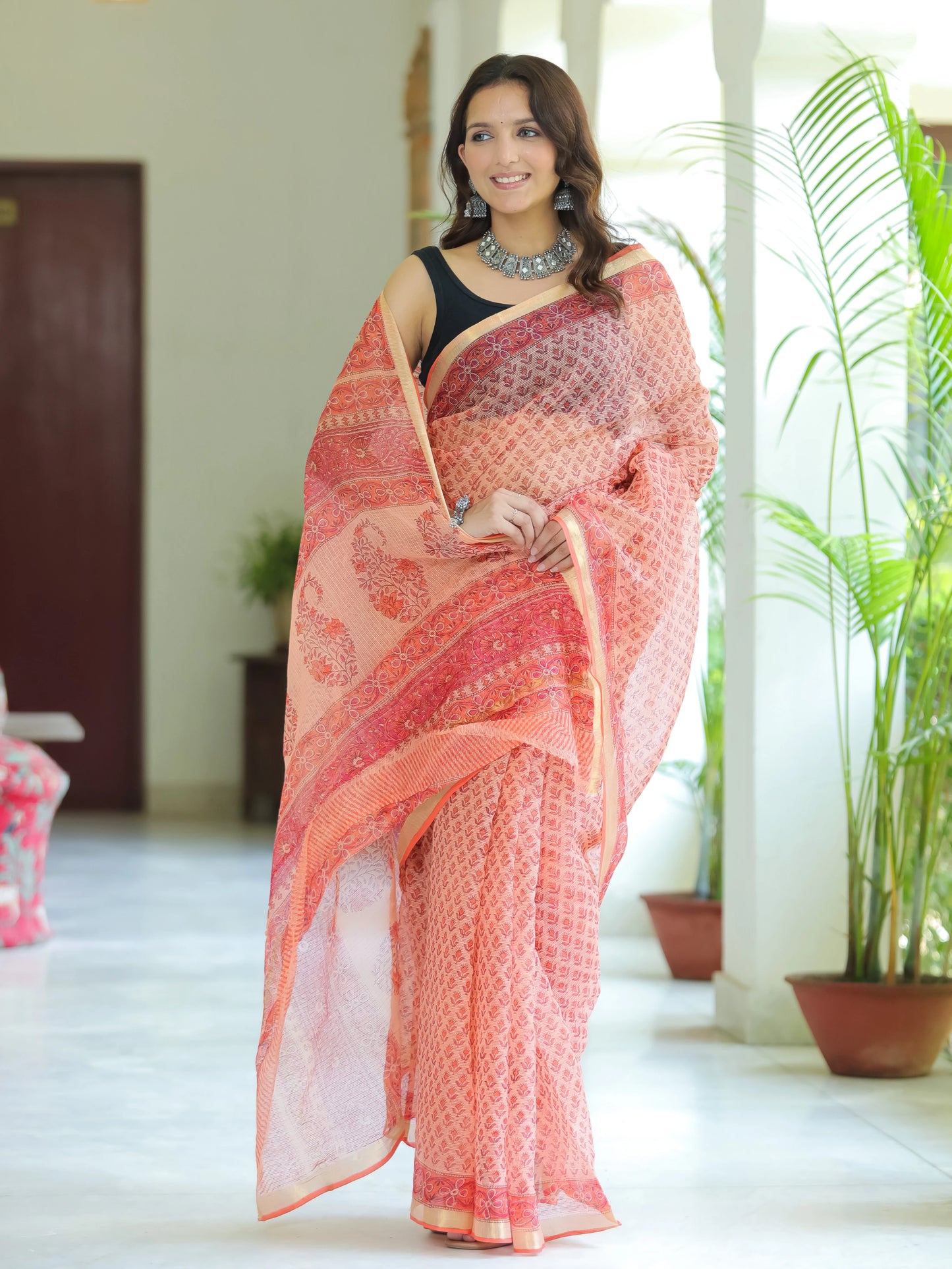 Peach Bootie Pure Hand Block printed Kota Doria saree