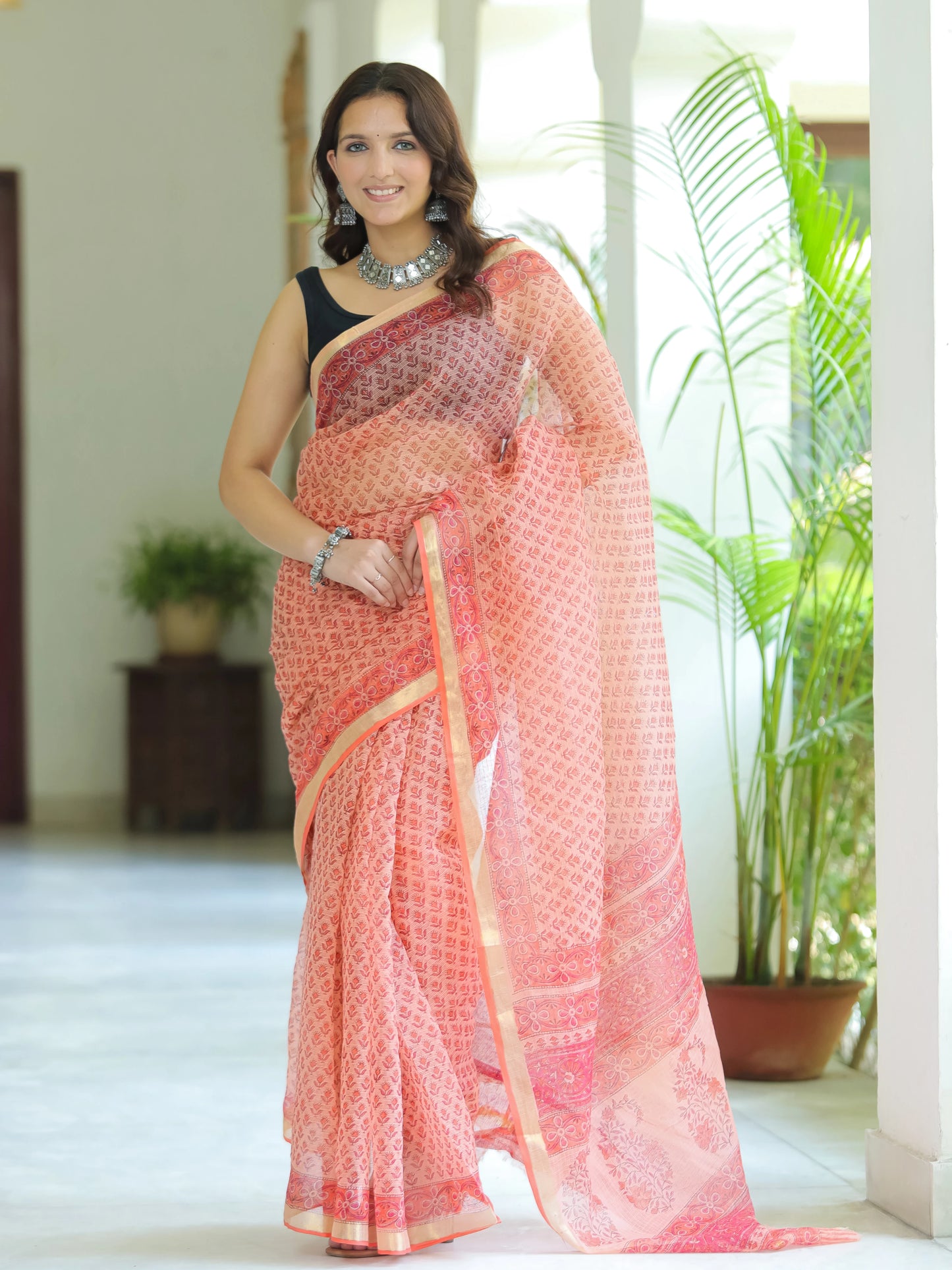 Peach Bootie Pure Hand Block printed Kota Doria saree