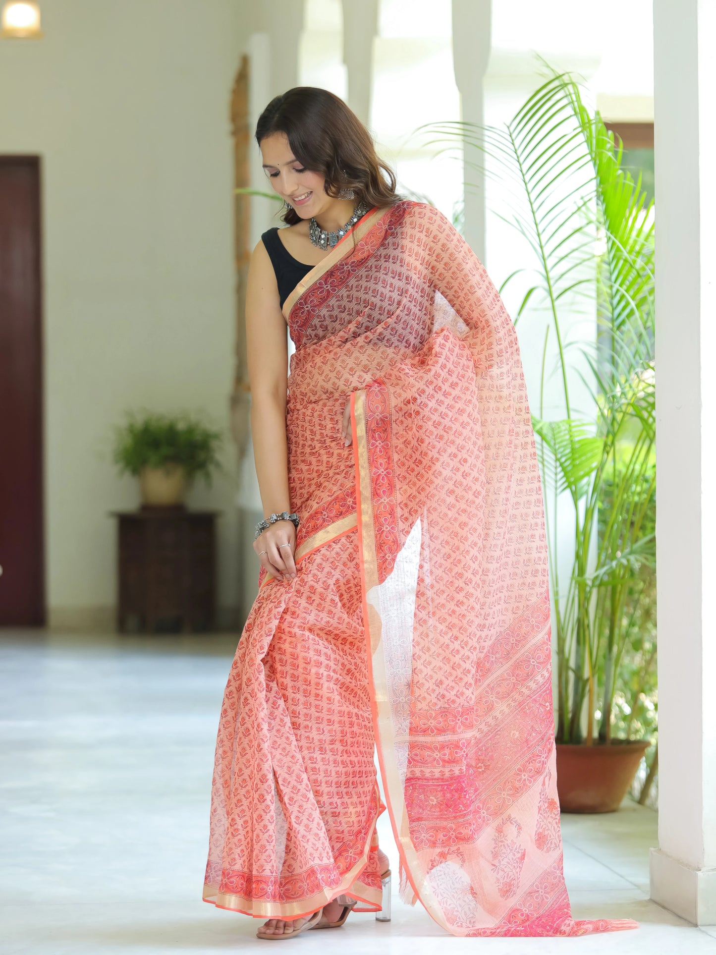 Peach Bootie Pure Hand Block printed Kota Doria saree