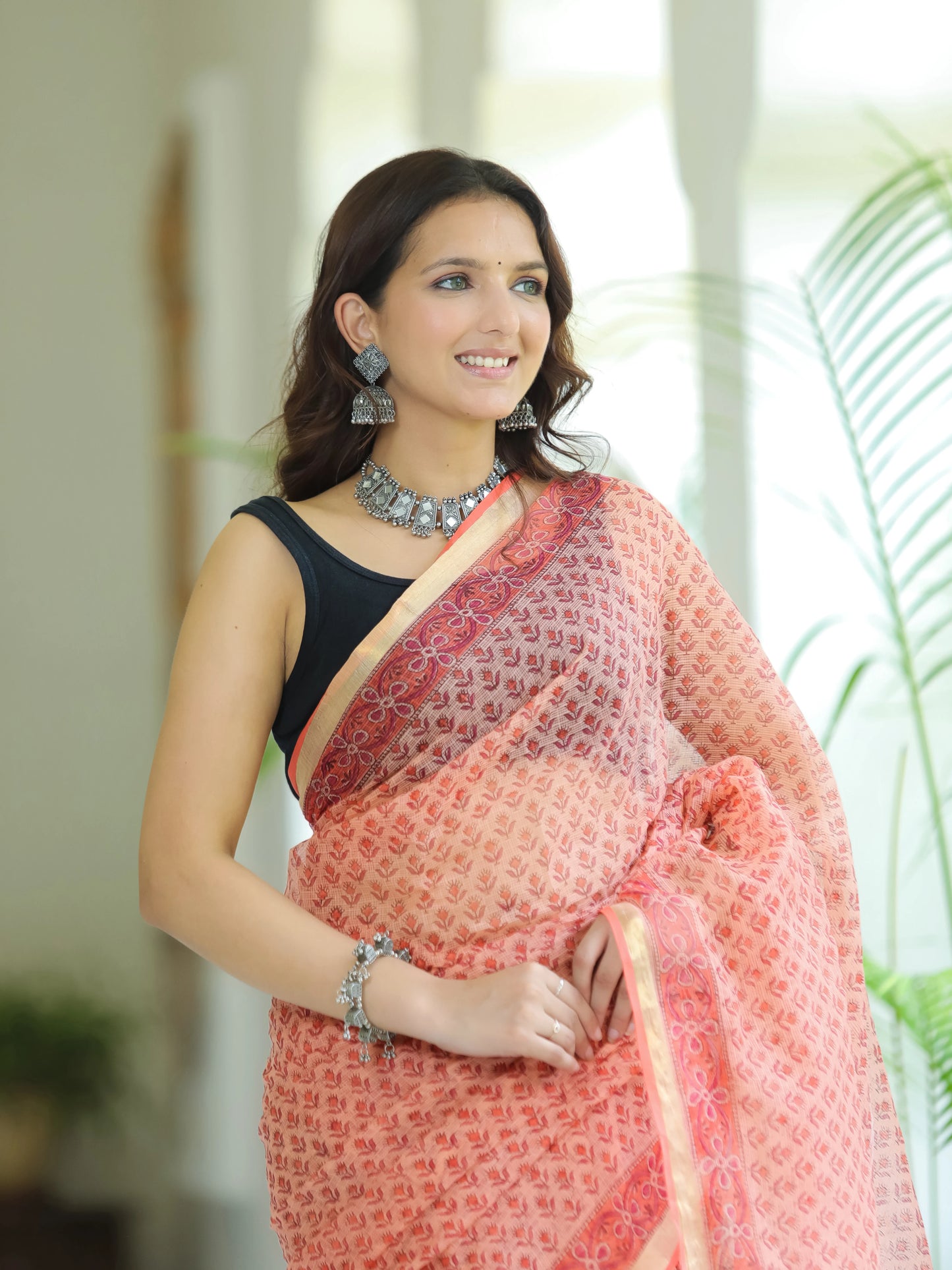 Peach Bootie Pure Hand Block printed Kota Doria saree