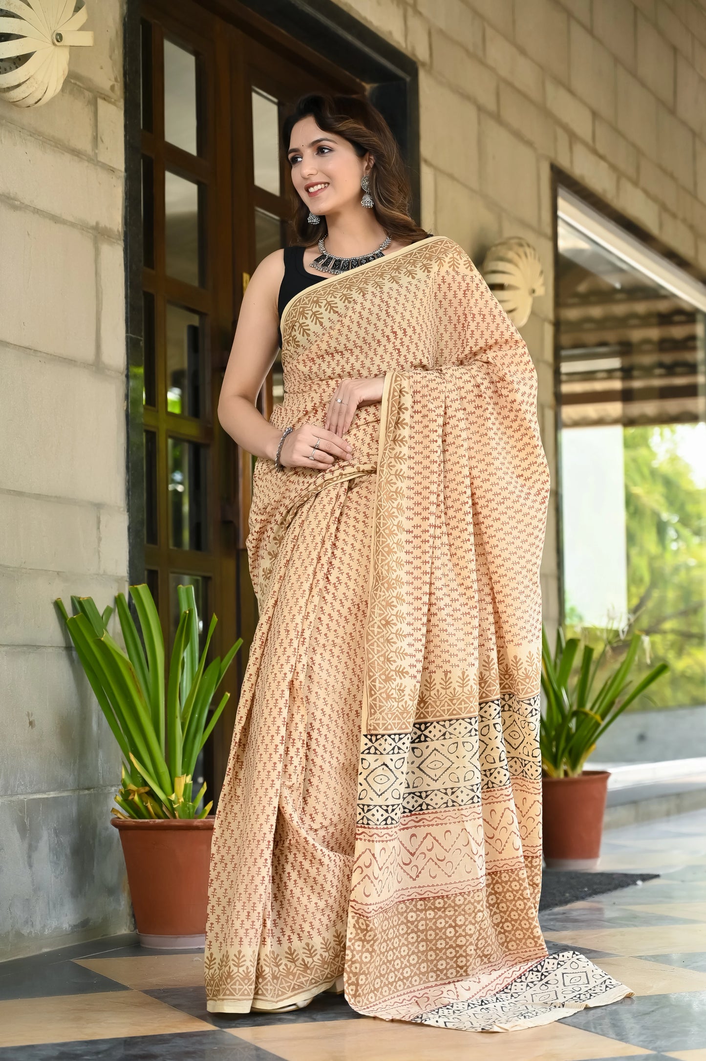 Bagru booti block print mul cotton saree