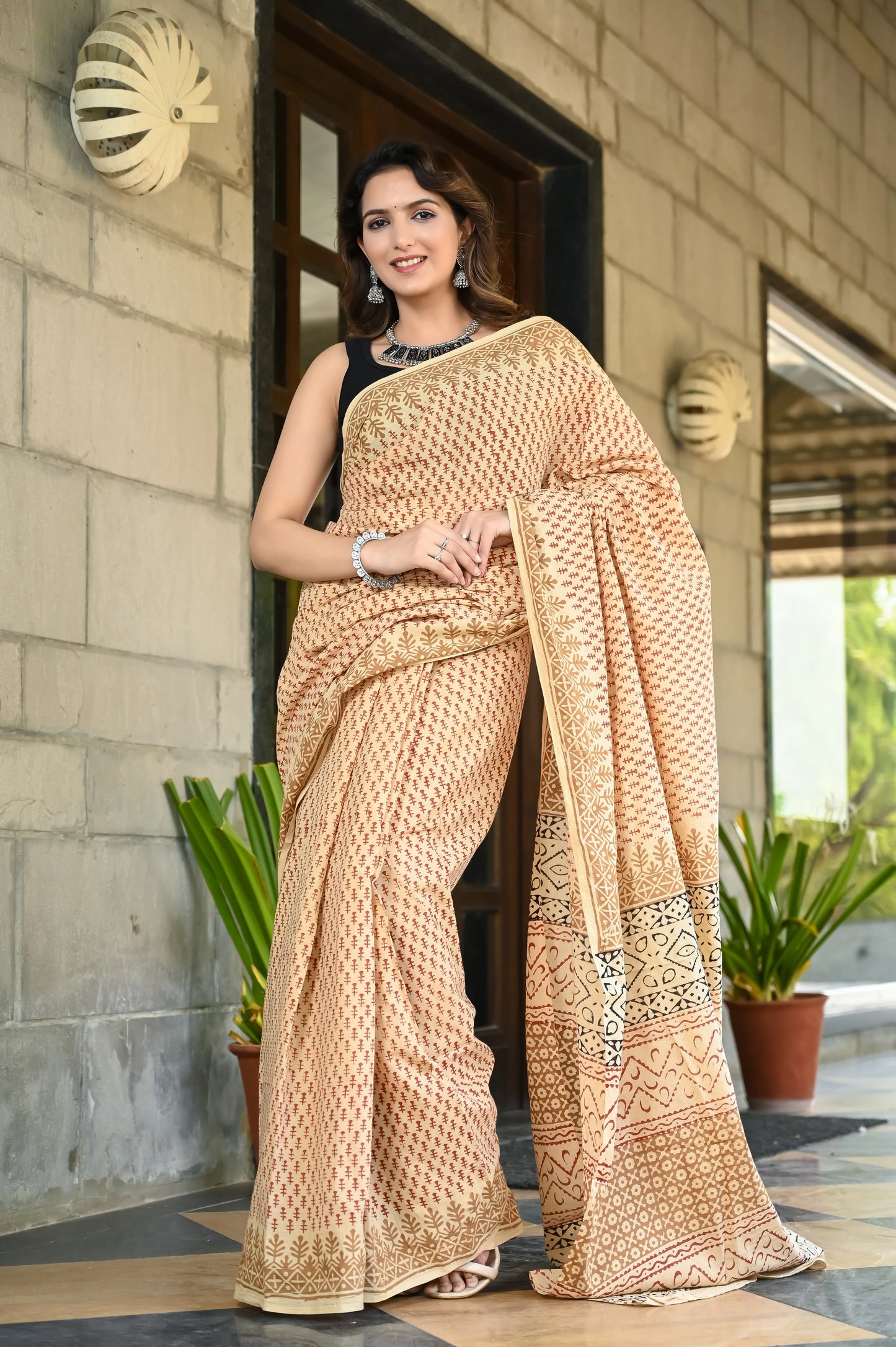 Bagru booti block print mul cotton saree