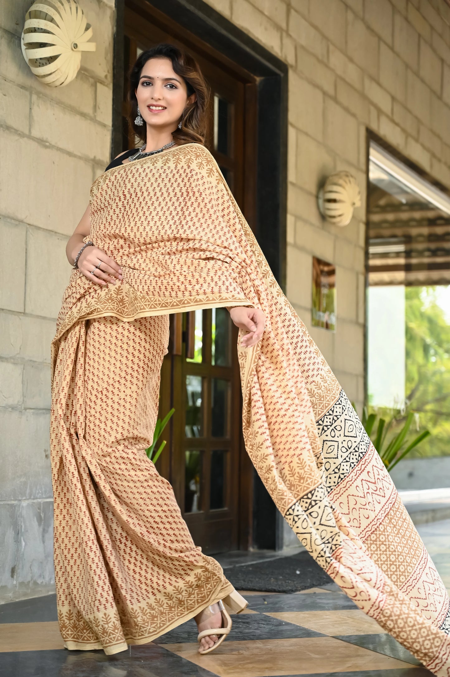 Bagru booti block print mul cotton saree