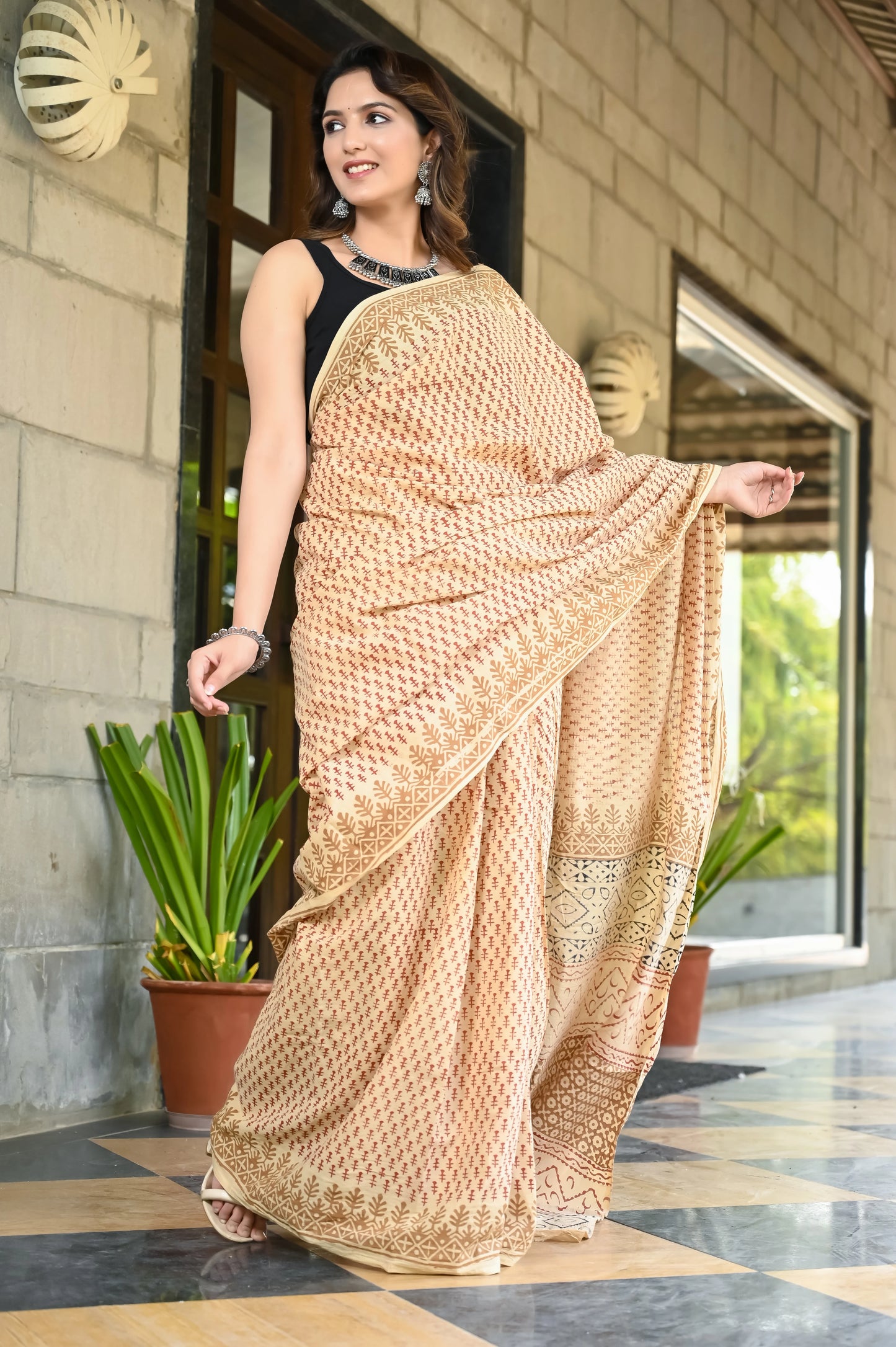 Bagru booti block print mul cotton saree