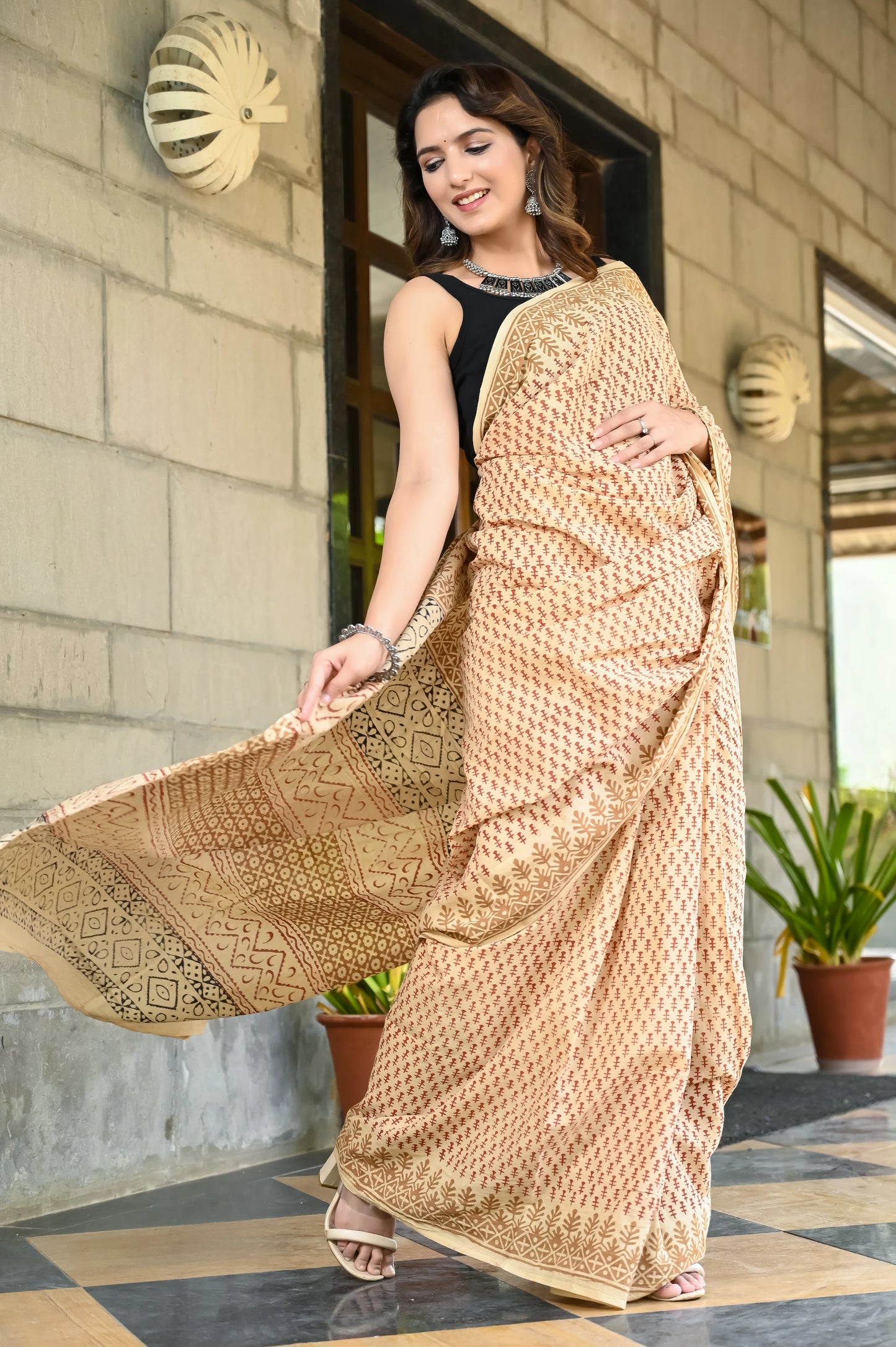 Bagru booti block print mul cotton saree