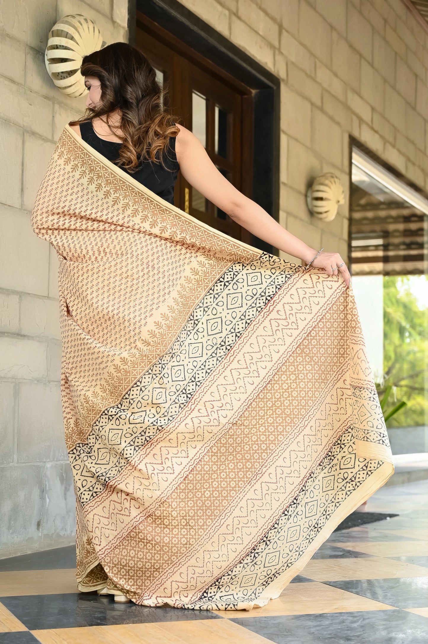 Bagru booti block print mul cotton saree