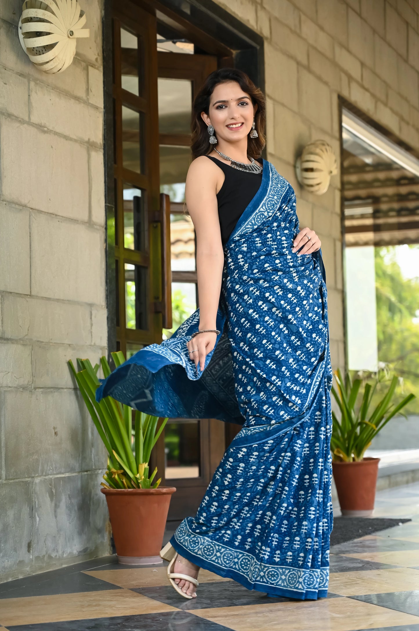 Indigo booti hand block cotton saree