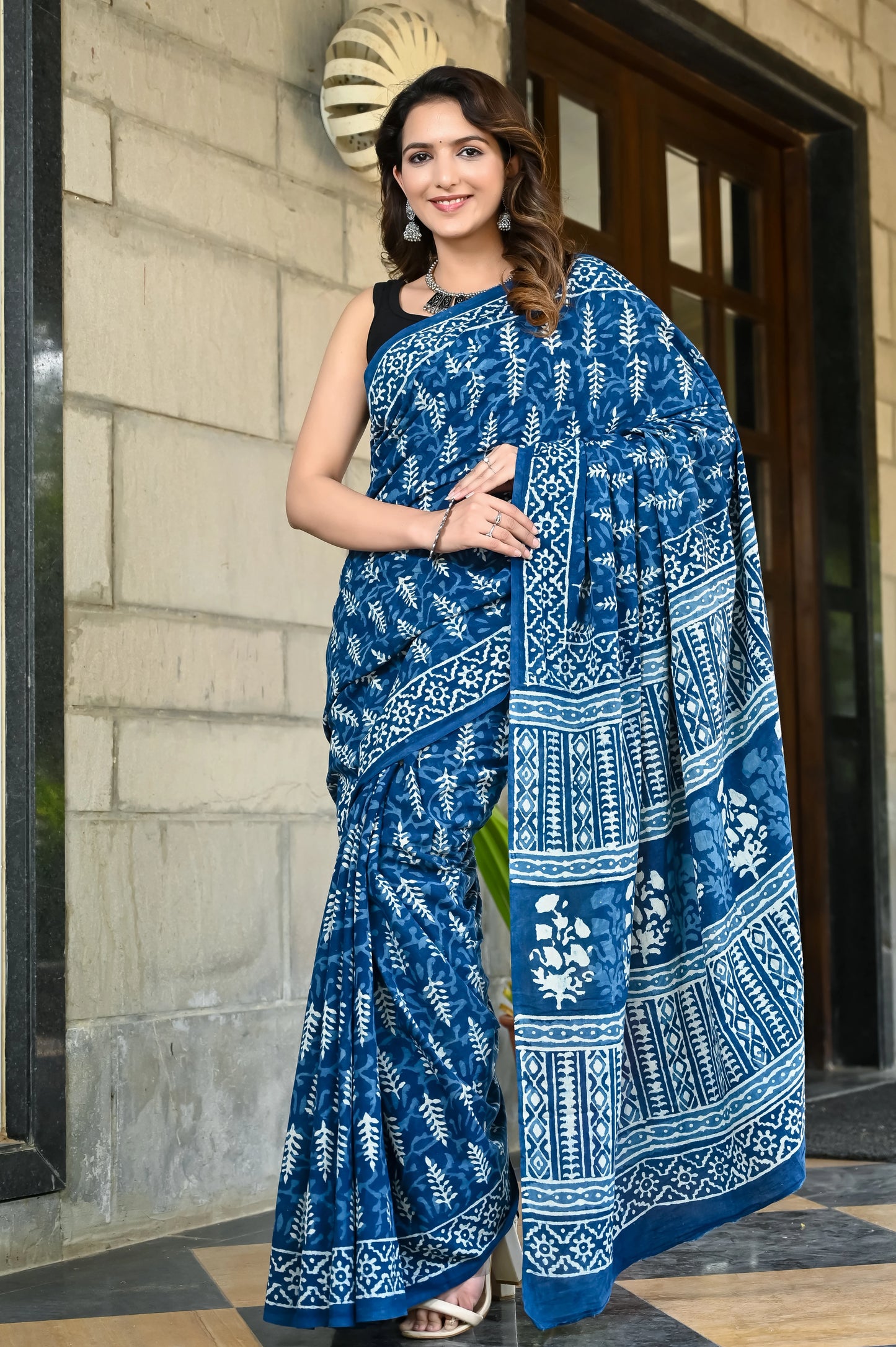 Indigo booti hand block pure cotton saree