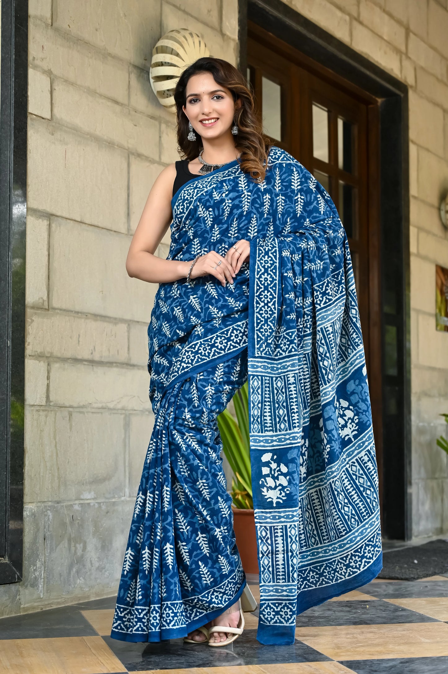 Indigo booti hand block pure cotton saree
