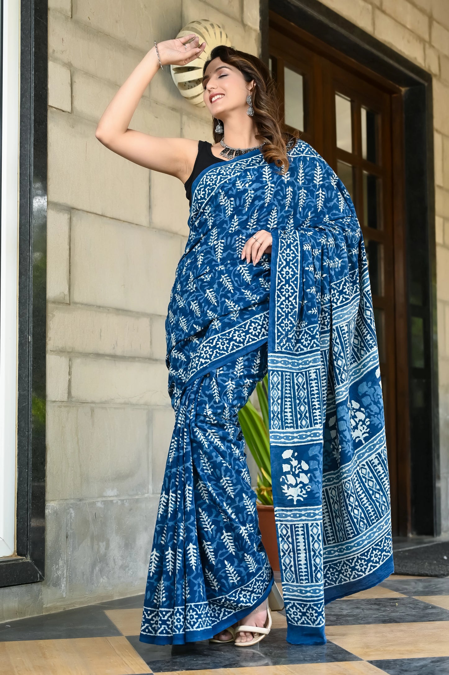 Indigo booti hand block pure cotton saree