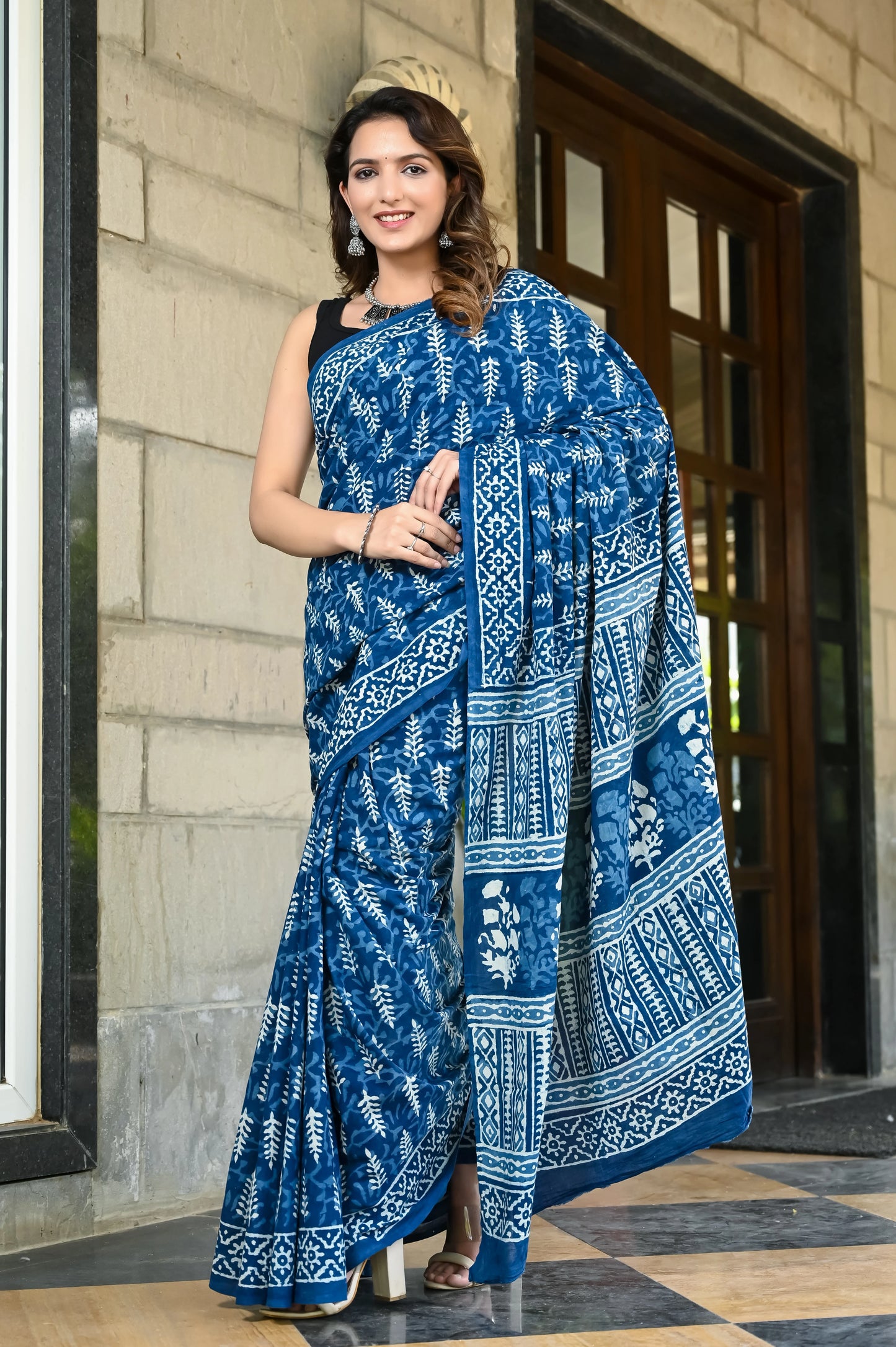 Indigo booti hand block pure cotton saree