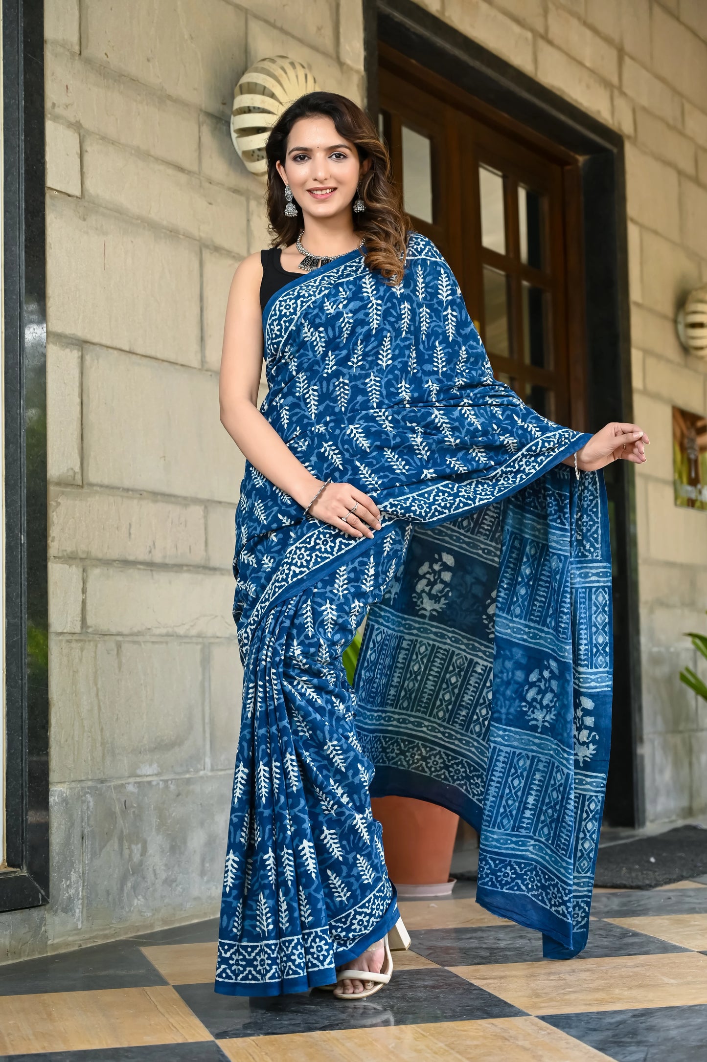 Indigo booti hand block pure cotton saree