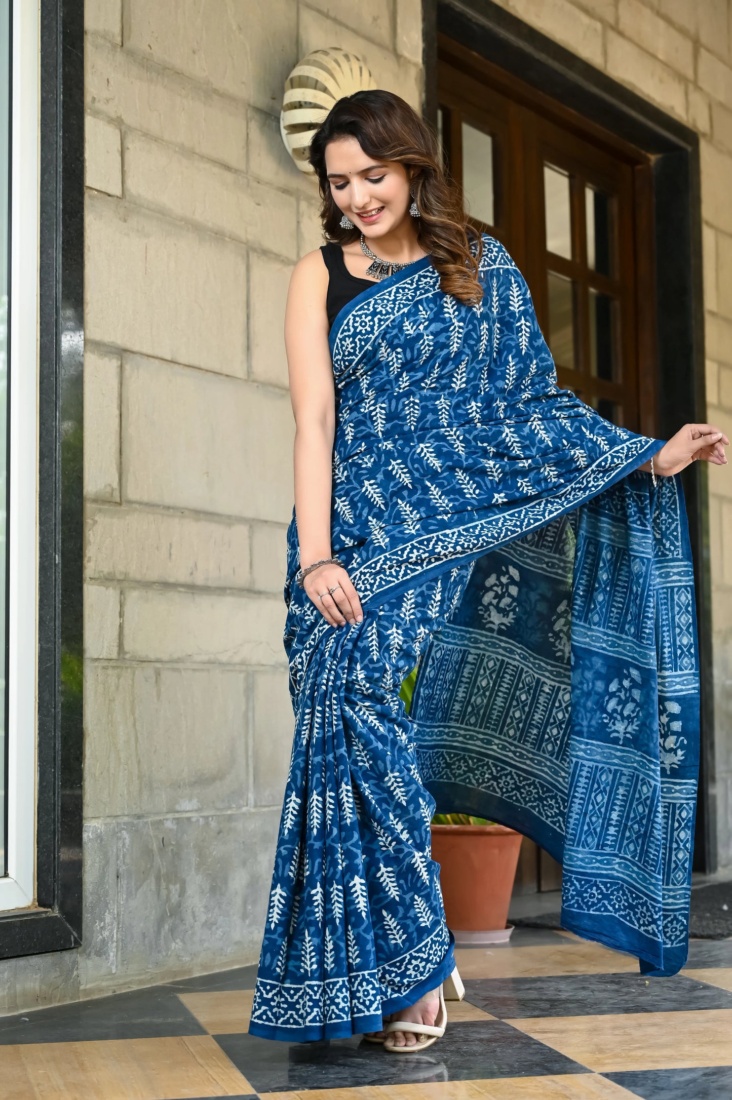 Indigo booti hand block pure cotton saree