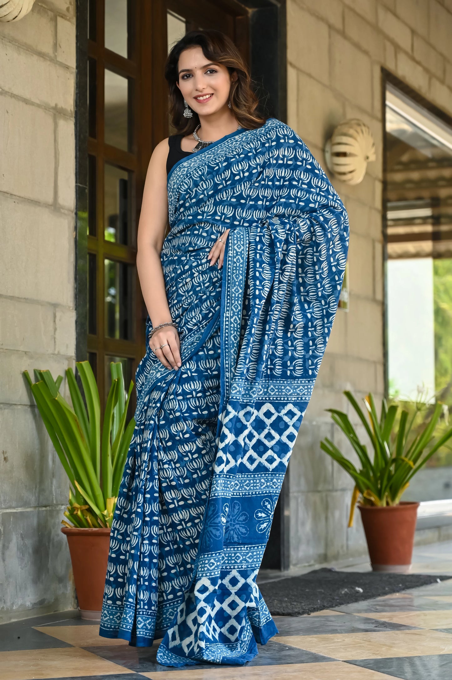 Indigo kamal booti block print pure cotton saree