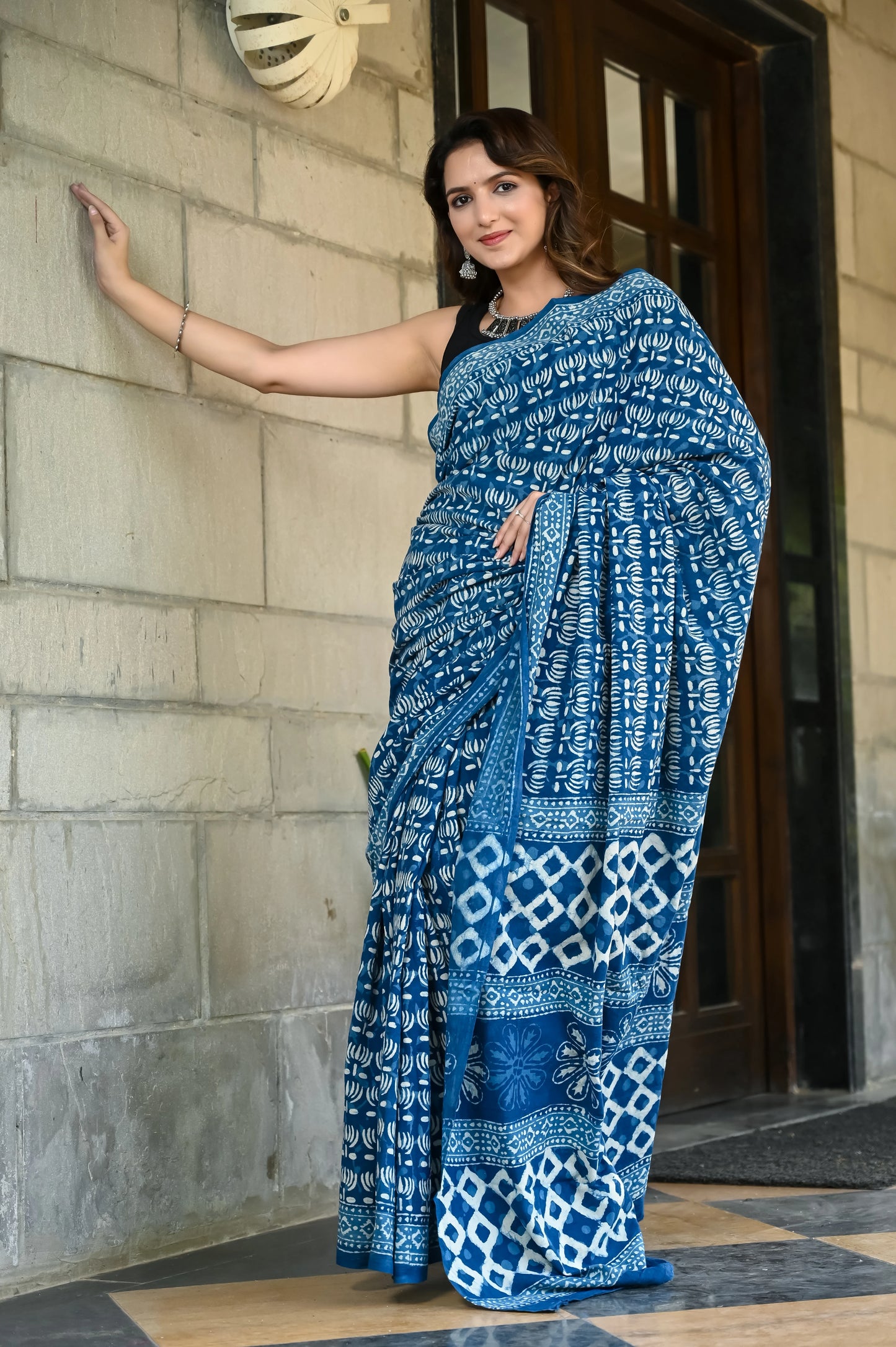 Indigo kamal booti block print pure cotton saree