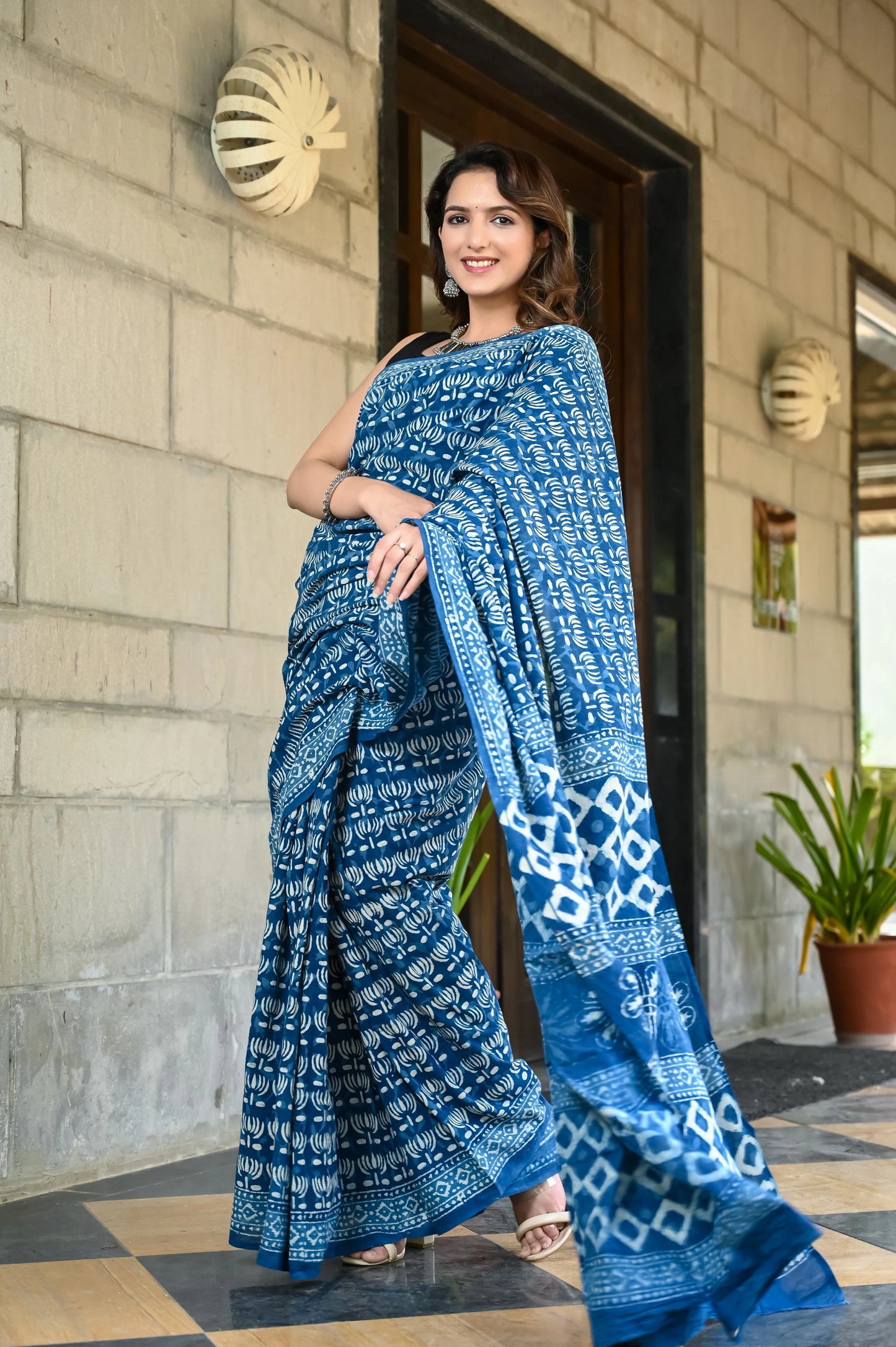 Indigo kamal booti block print pure cotton saree