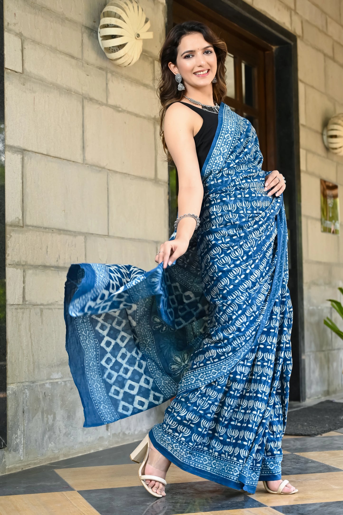 Indigo kamal booti block print pure cotton saree