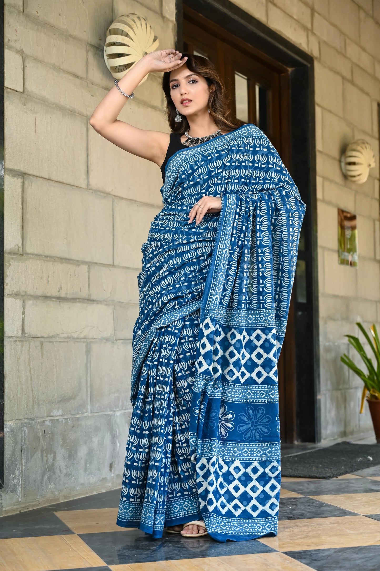 Indigo kamal booti block print pure cotton saree