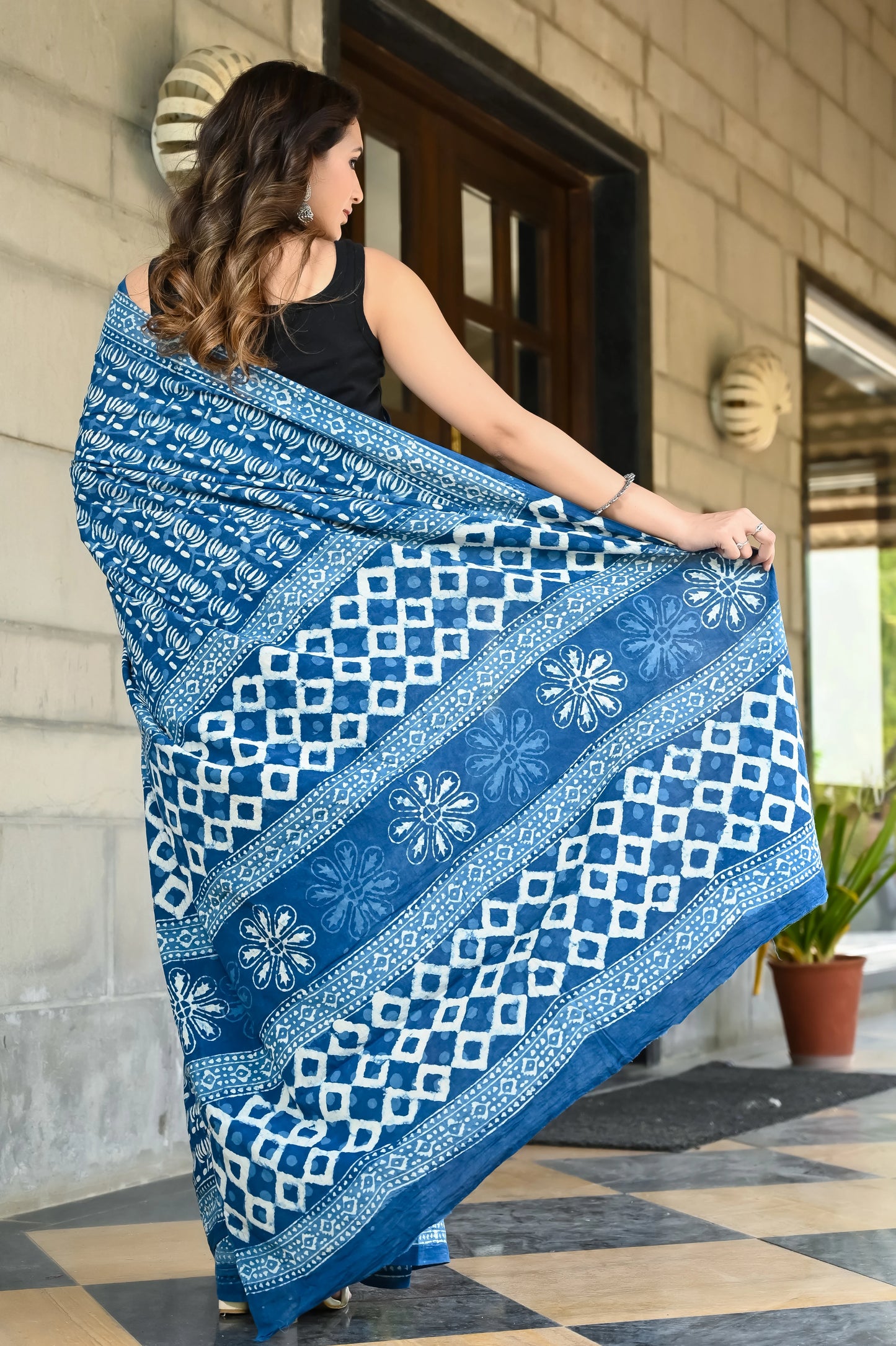 Indigo kamal booti block print pure cotton saree