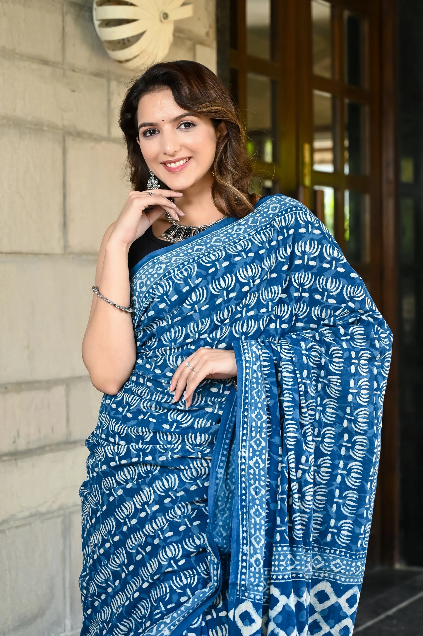 Indigo kamal booti block print pure cotton saree