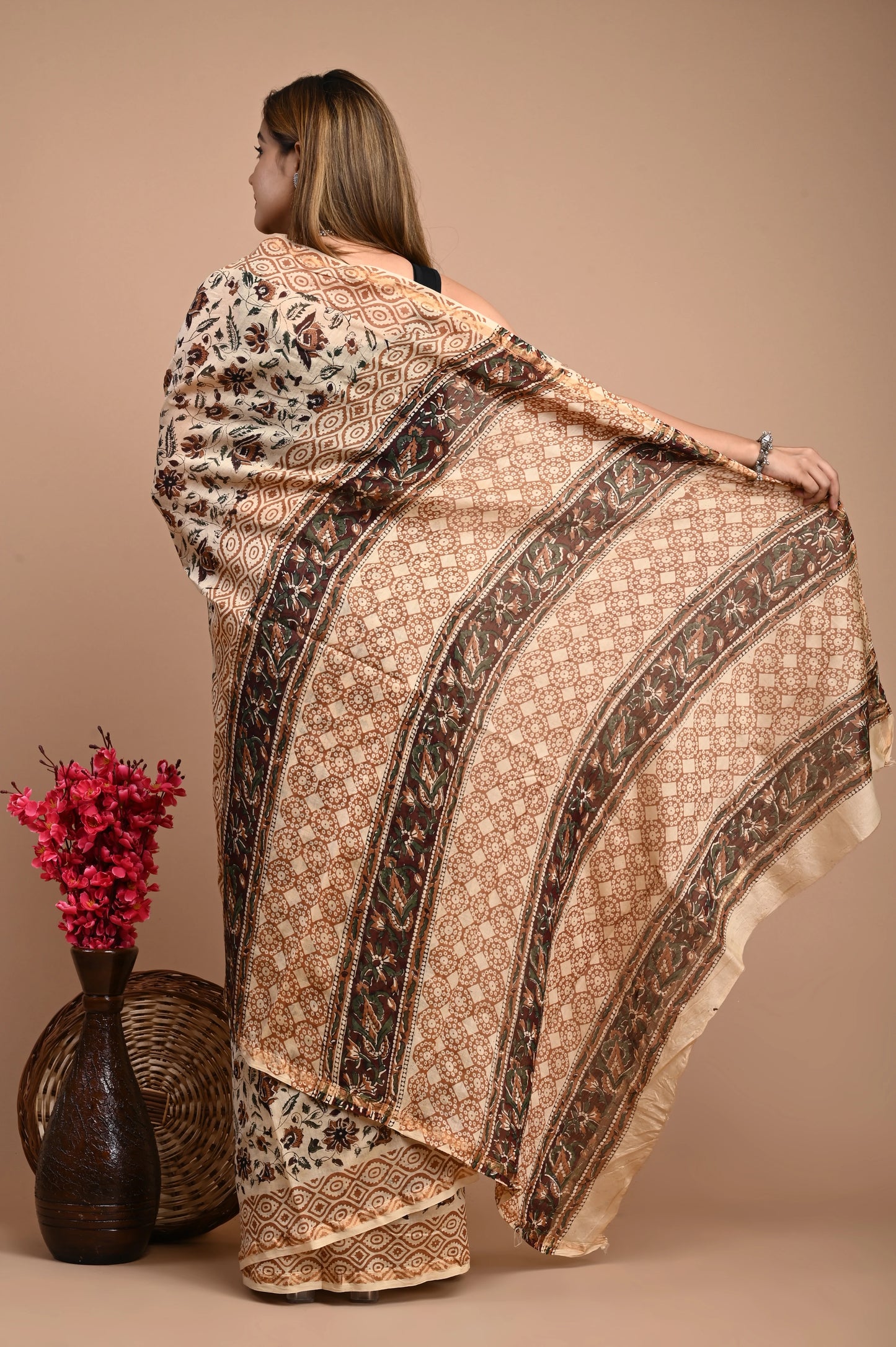 Hand Block Printed Chanderi Silk Saree (Bagru Print)