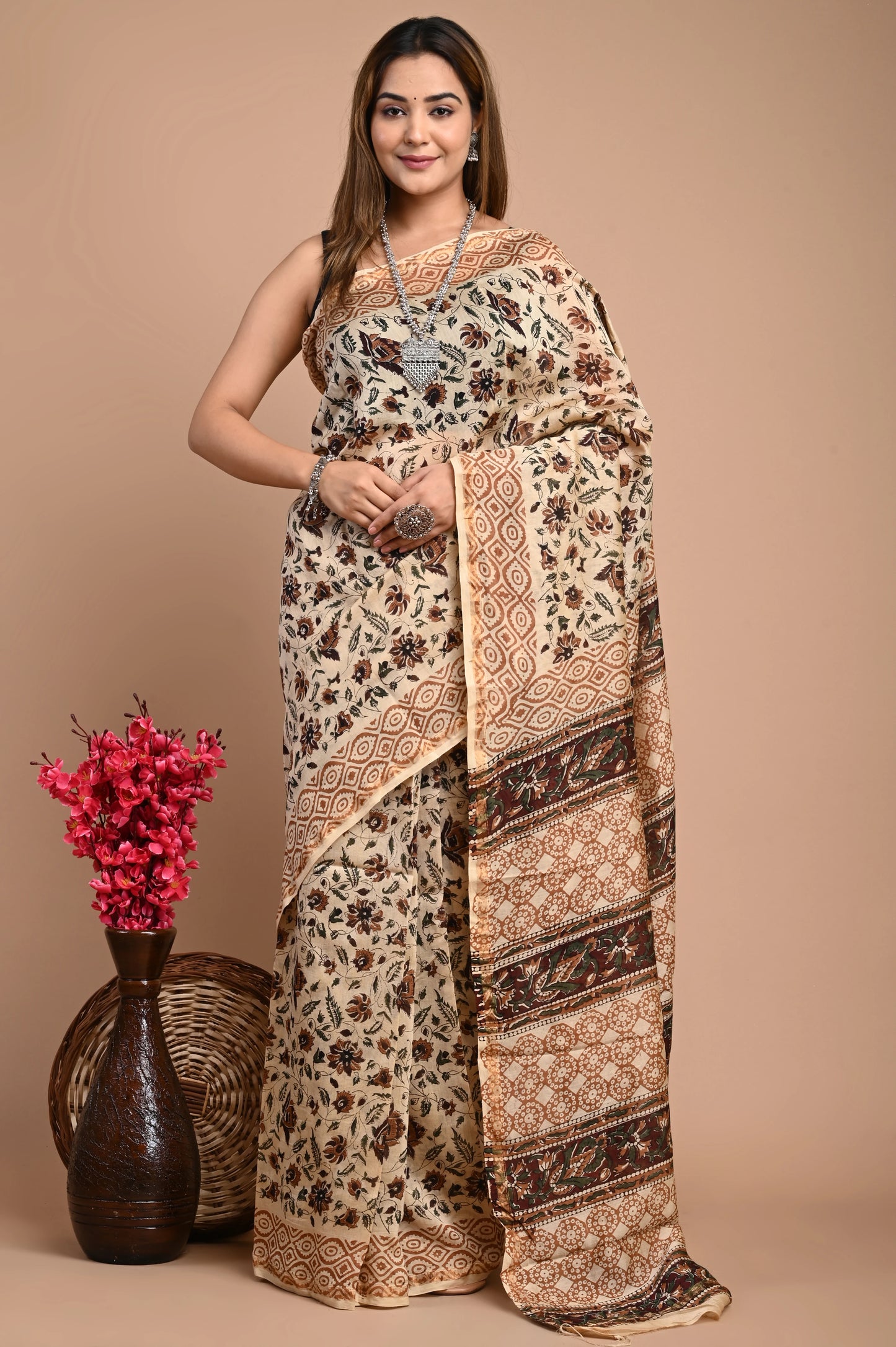 Hand Block Printed Chanderi Silk Saree (Bagru Print)