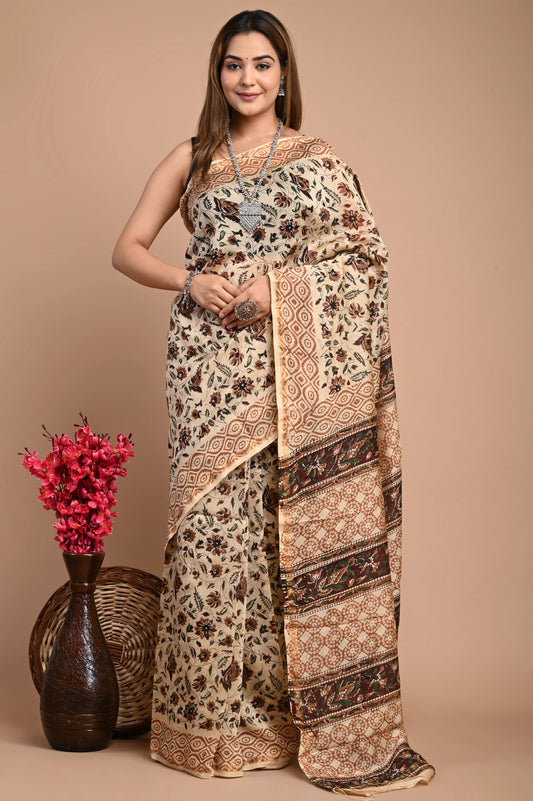 Hand Block Printed Chanderi Silk Saree (Bagru Print)