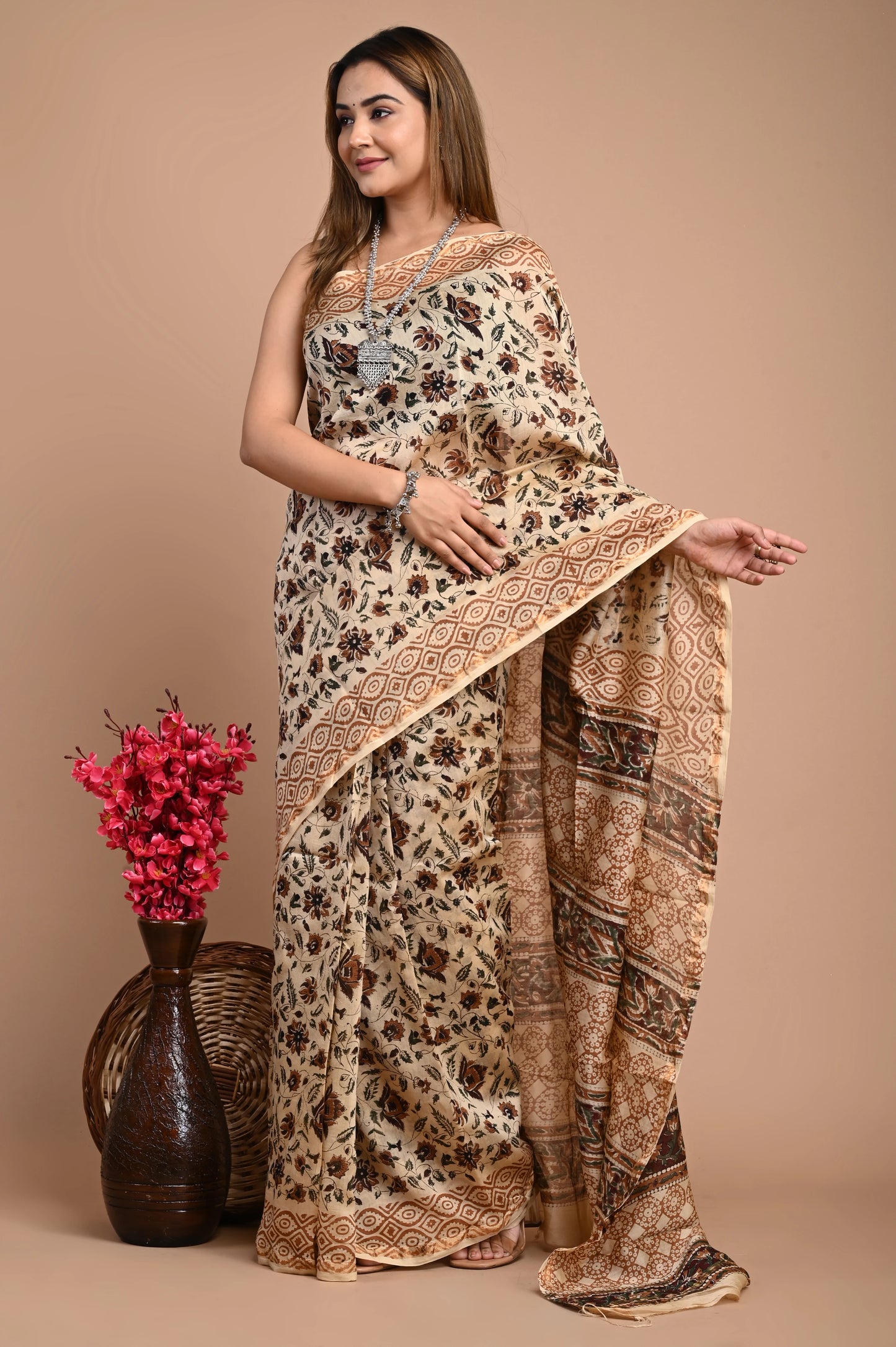 Hand Block Printed Chanderi Silk Saree (Bagru Print)