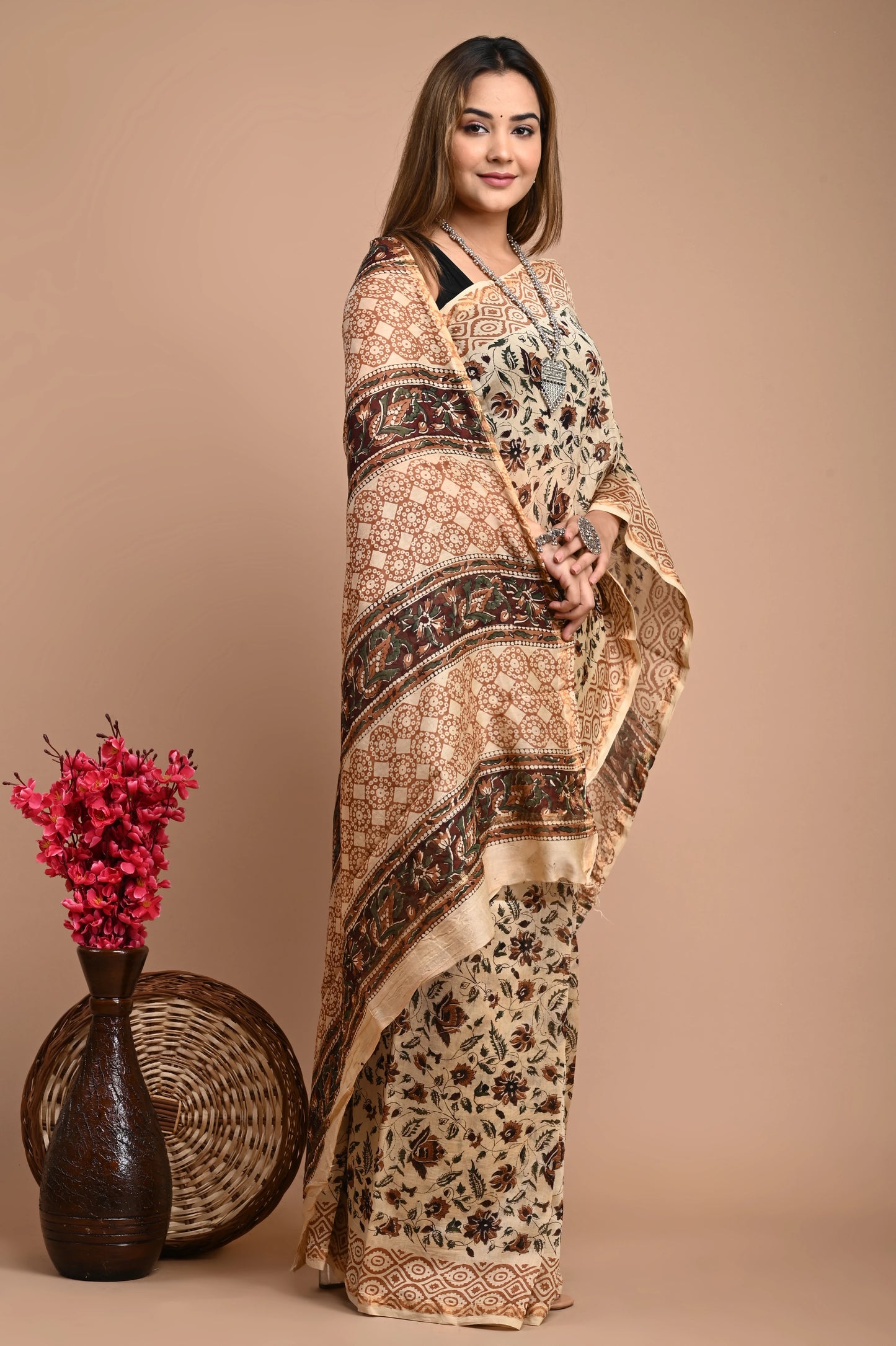 Hand Block Printed Chanderi Silk Saree (Bagru Print)