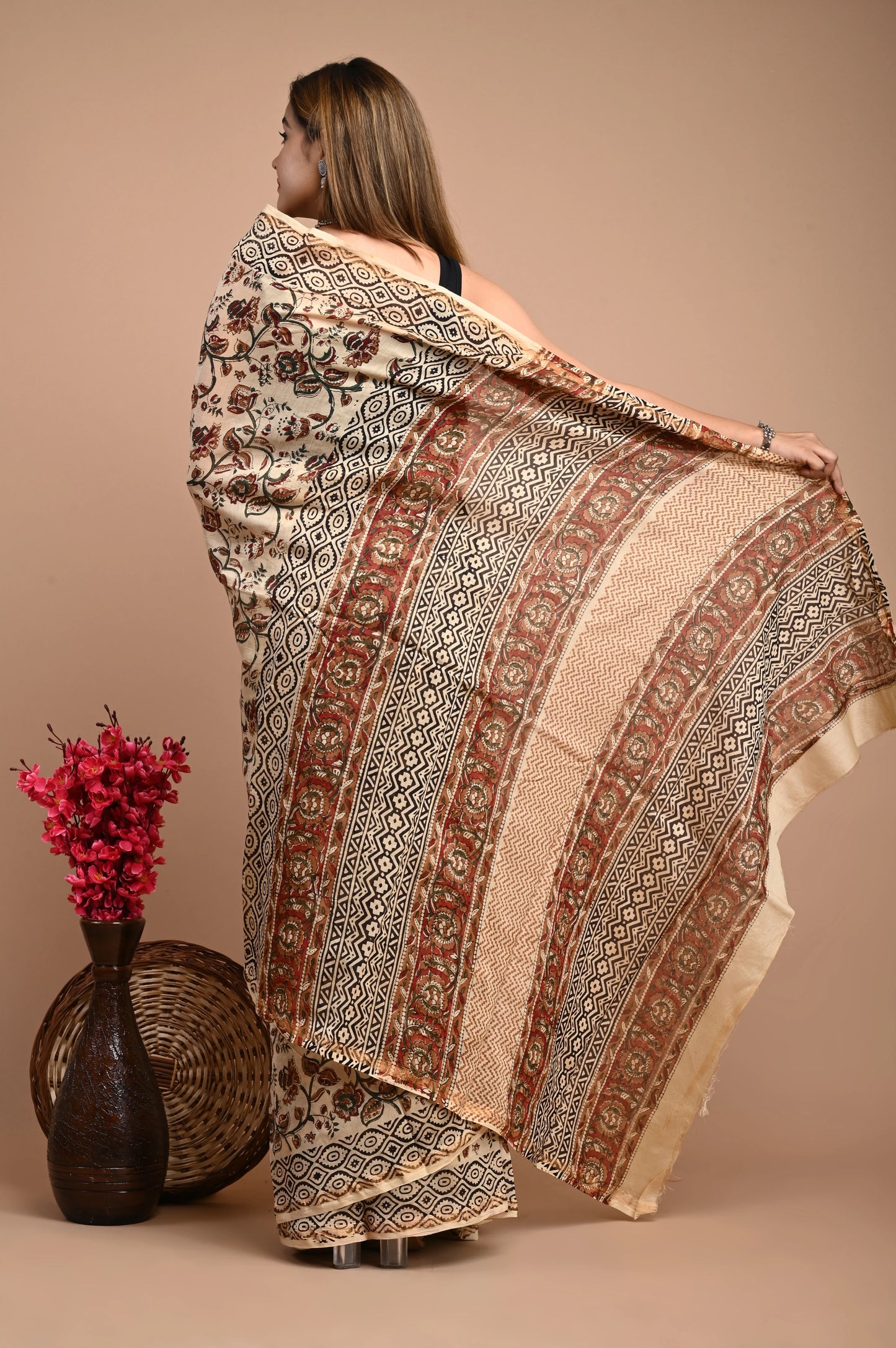 Hand Block Printed Chanderi Silk Saree (Bagru Print)