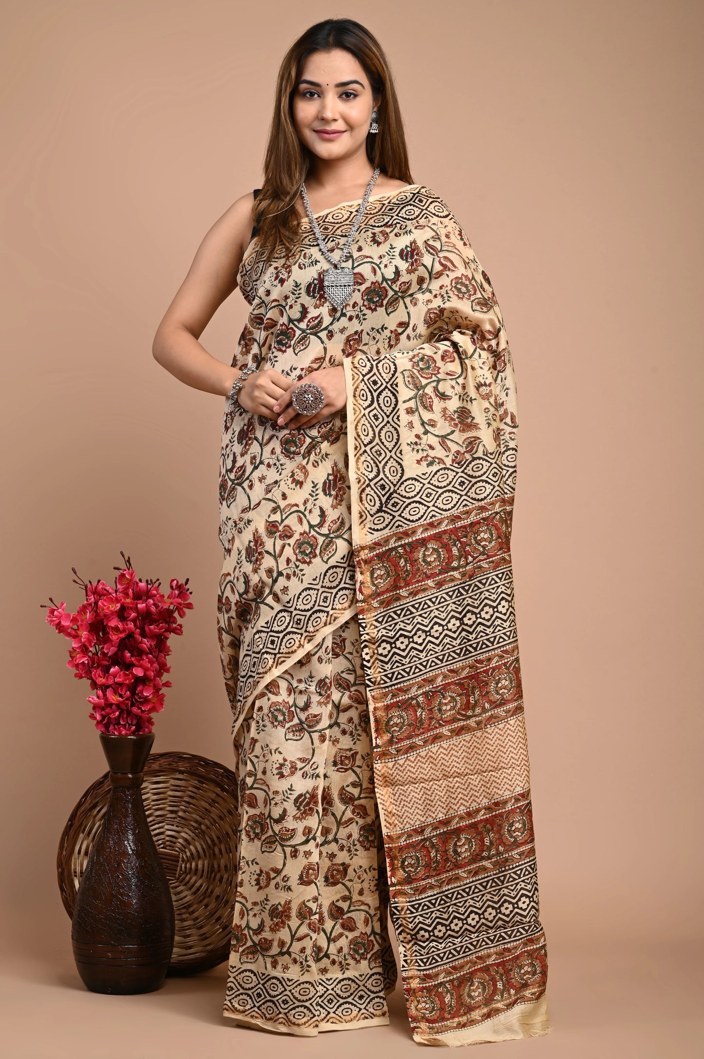 Hand Block Printed Chanderi Silk Saree (Bagru Print)
