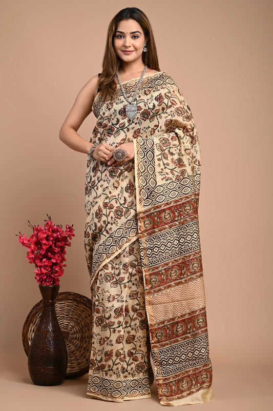 Hand Block Printed Chanderi Silk Saree (Bagru Print)