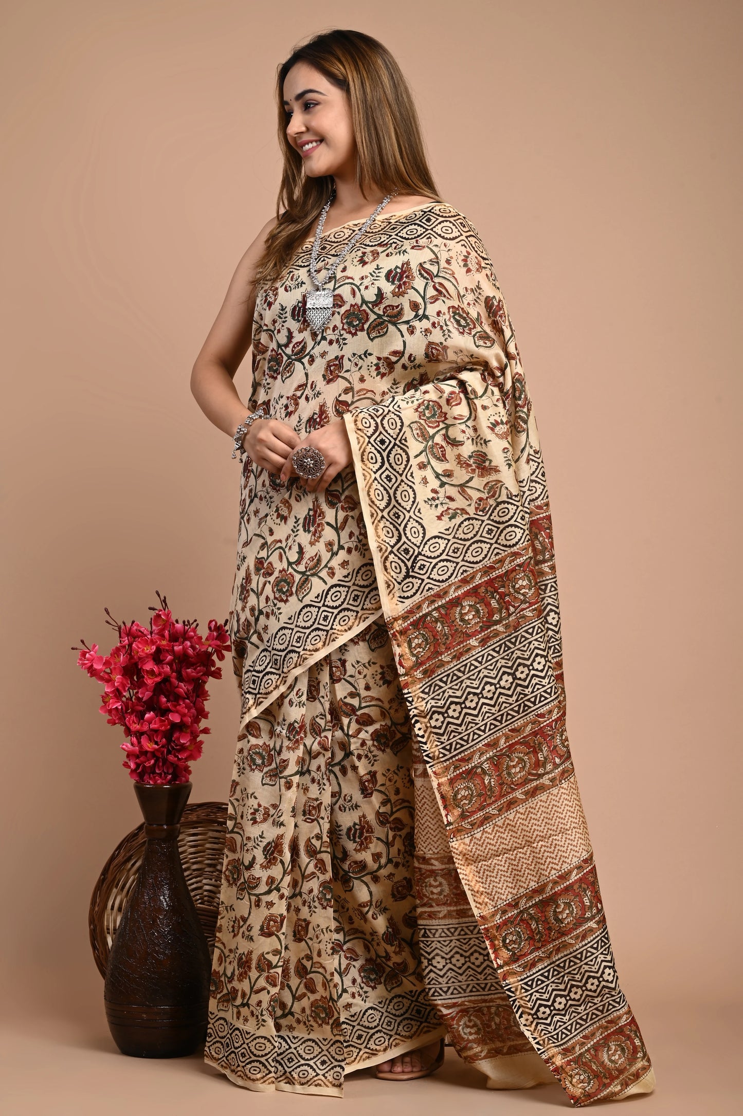 Hand Block Printed Chanderi Silk Saree (Bagru Print)
