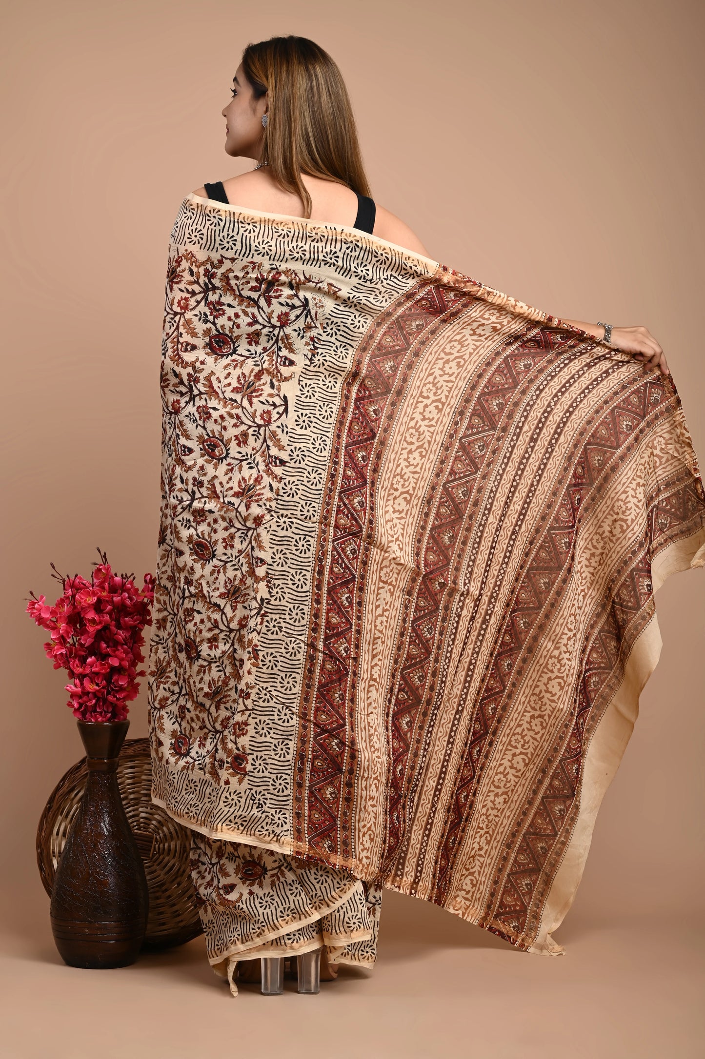 Hand Block Printed Chanderi Silk Saree (Bagru Kalamkari)