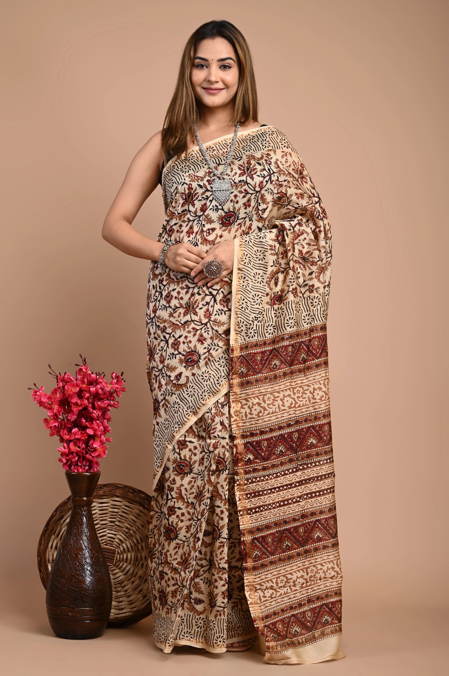 Hand Block Printed Chanderi Silk Saree (Bagru Kalamkari)