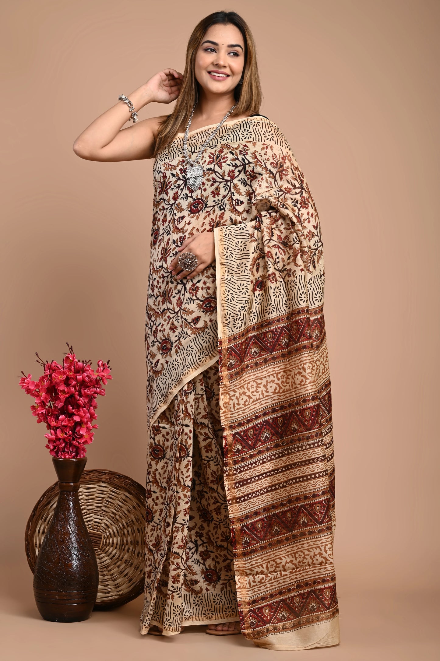 Hand Block Printed Chanderi Silk Saree (Bagru Kalamkari)