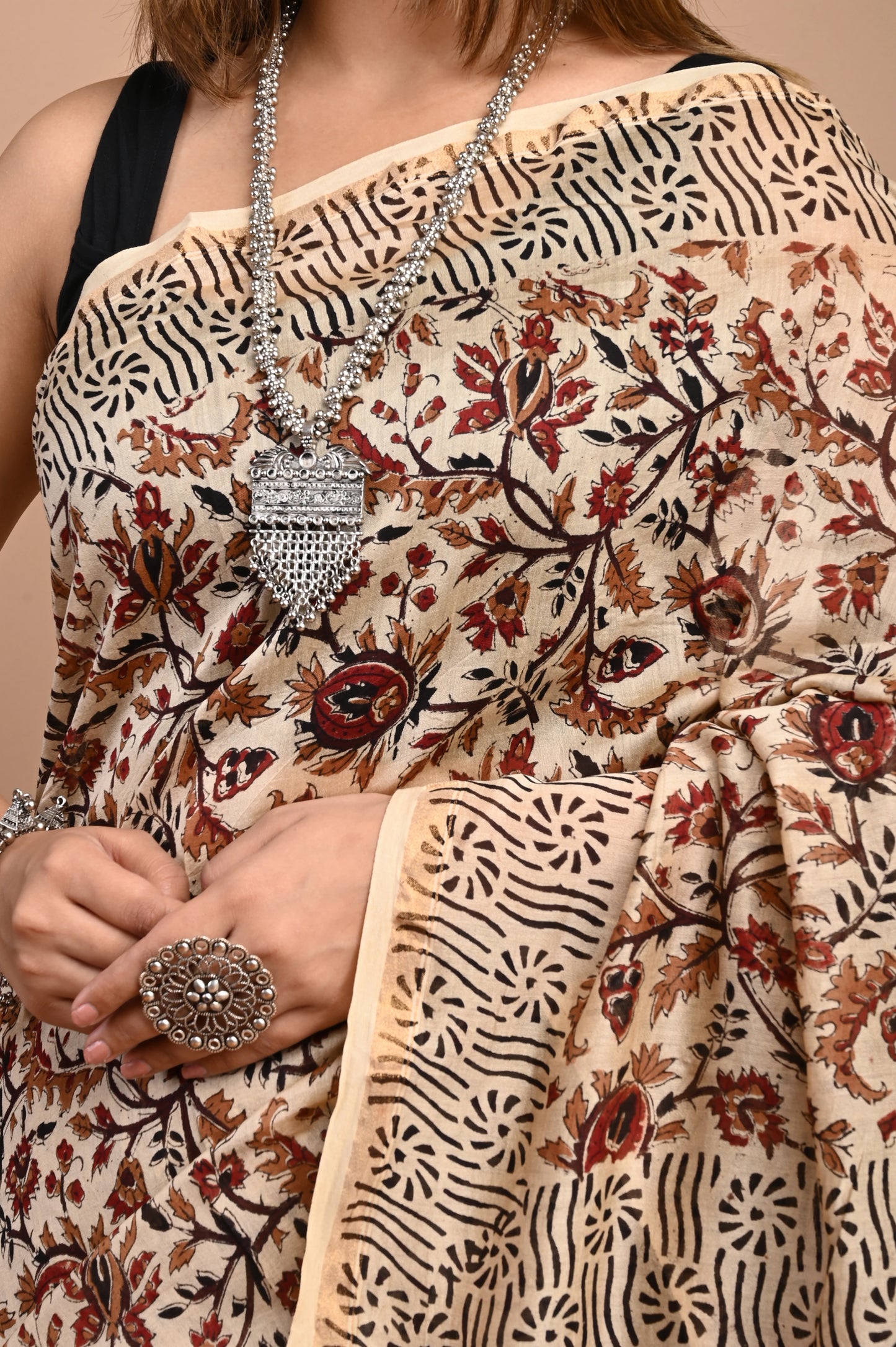 Hand Block Printed Chanderi Silk Saree (Bagru Kalamkari)