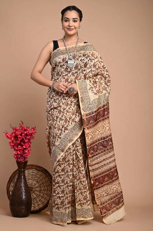 Hand Block Printed Chanderi Silk Saree (Bagru Print)