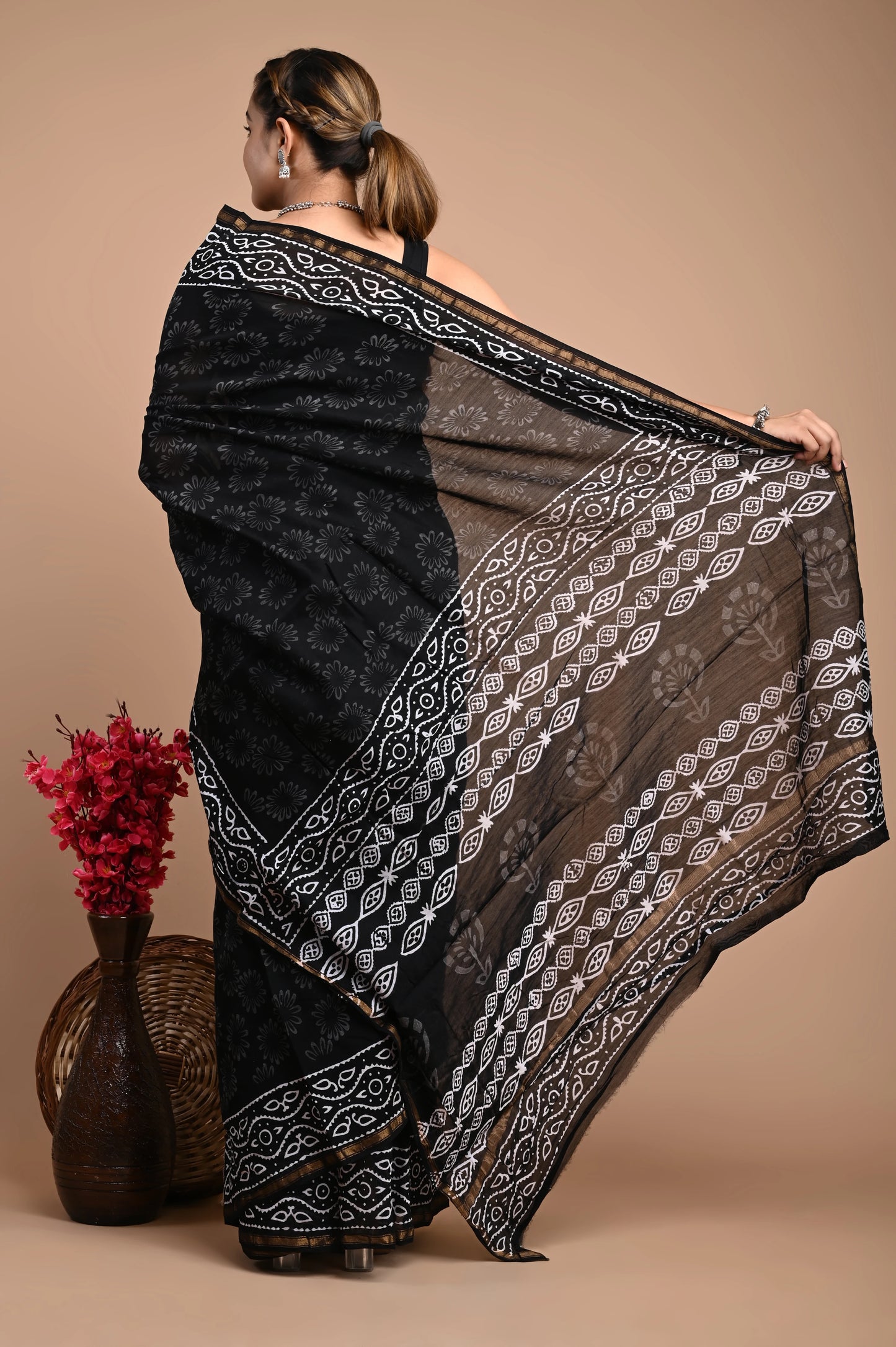 Hand Block Printed Chanderi Silk Saree (Black & White)