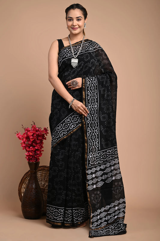 Hand Block Printed Chanderi Silk Saree (Black & White)
