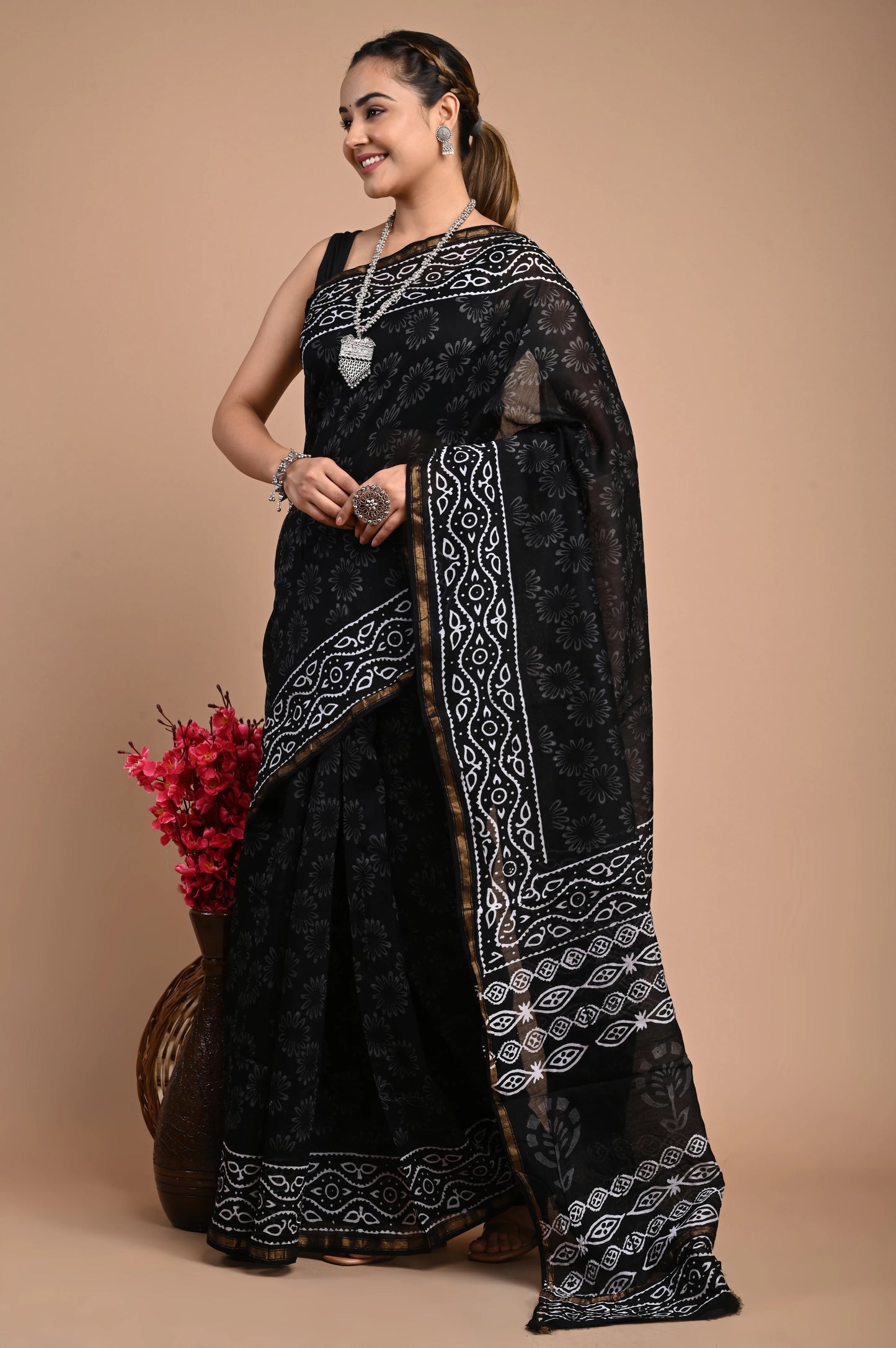 Hand Block Printed Chanderi Silk Saree (Black & White)