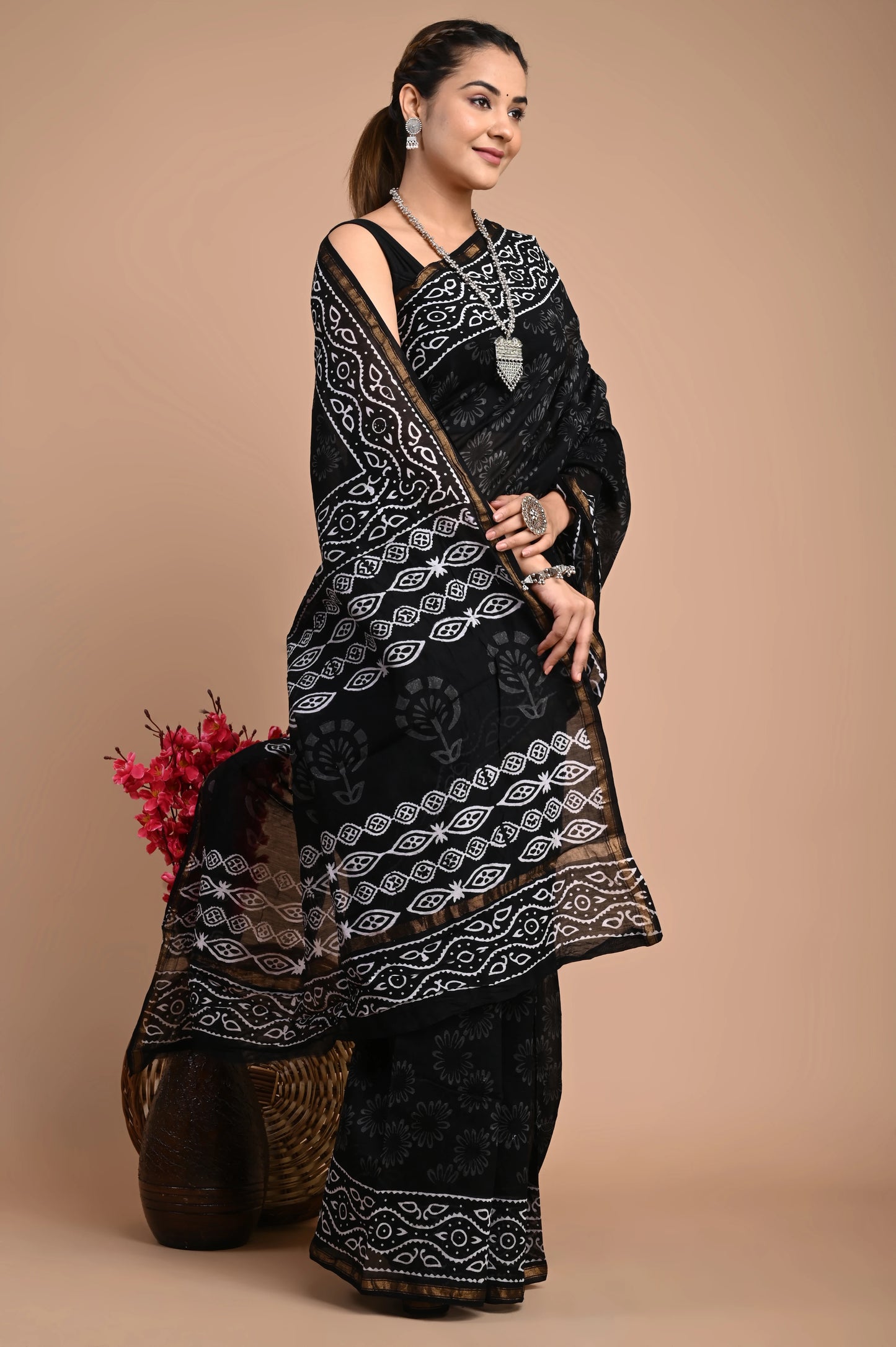 Hand Block Printed Chanderi Silk Saree (Black & White)