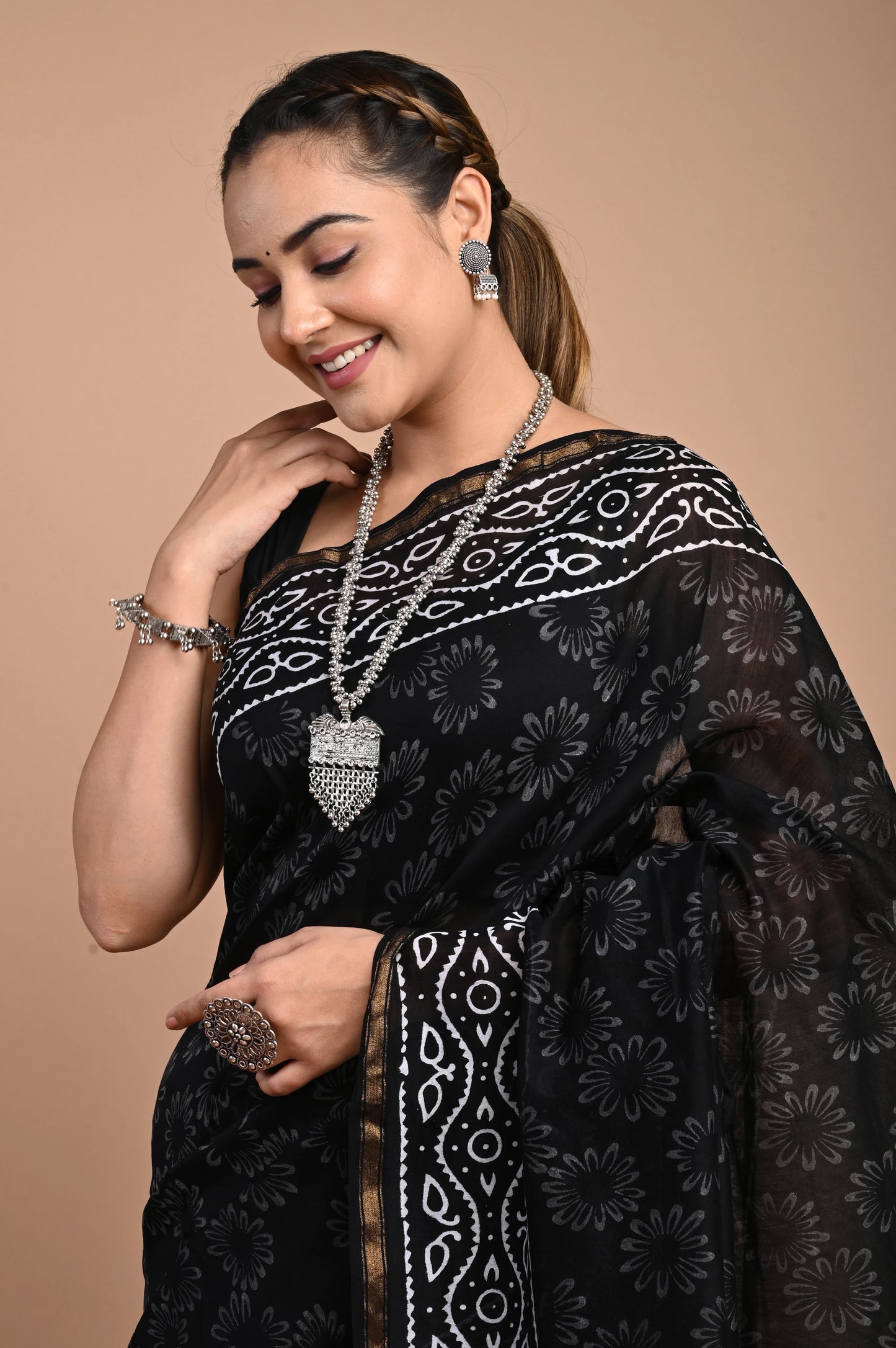 Hand Block Printed Chanderi Silk Saree (Black & White)