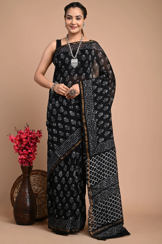 Hand Block Printed Chanderi Silk Saree (Black & White)