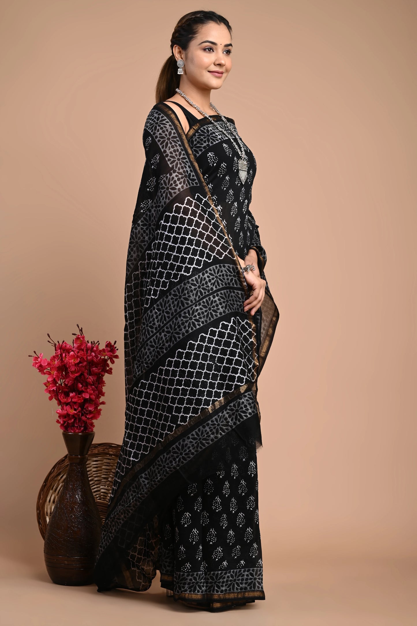 Hand Block Printed Chanderi Silk Saree (Black & White)