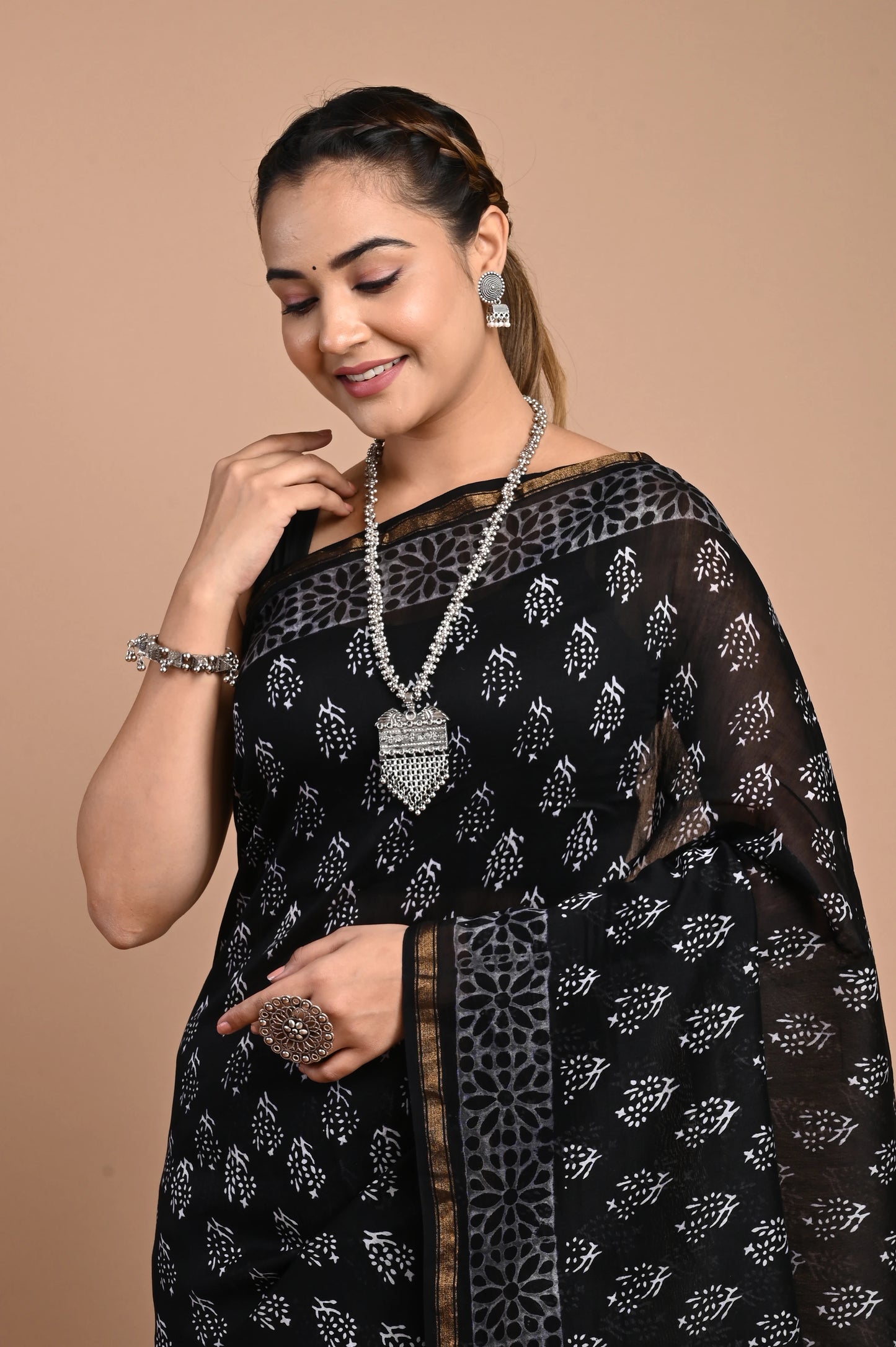 Hand Block Printed Chanderi Silk Saree (Black & White)