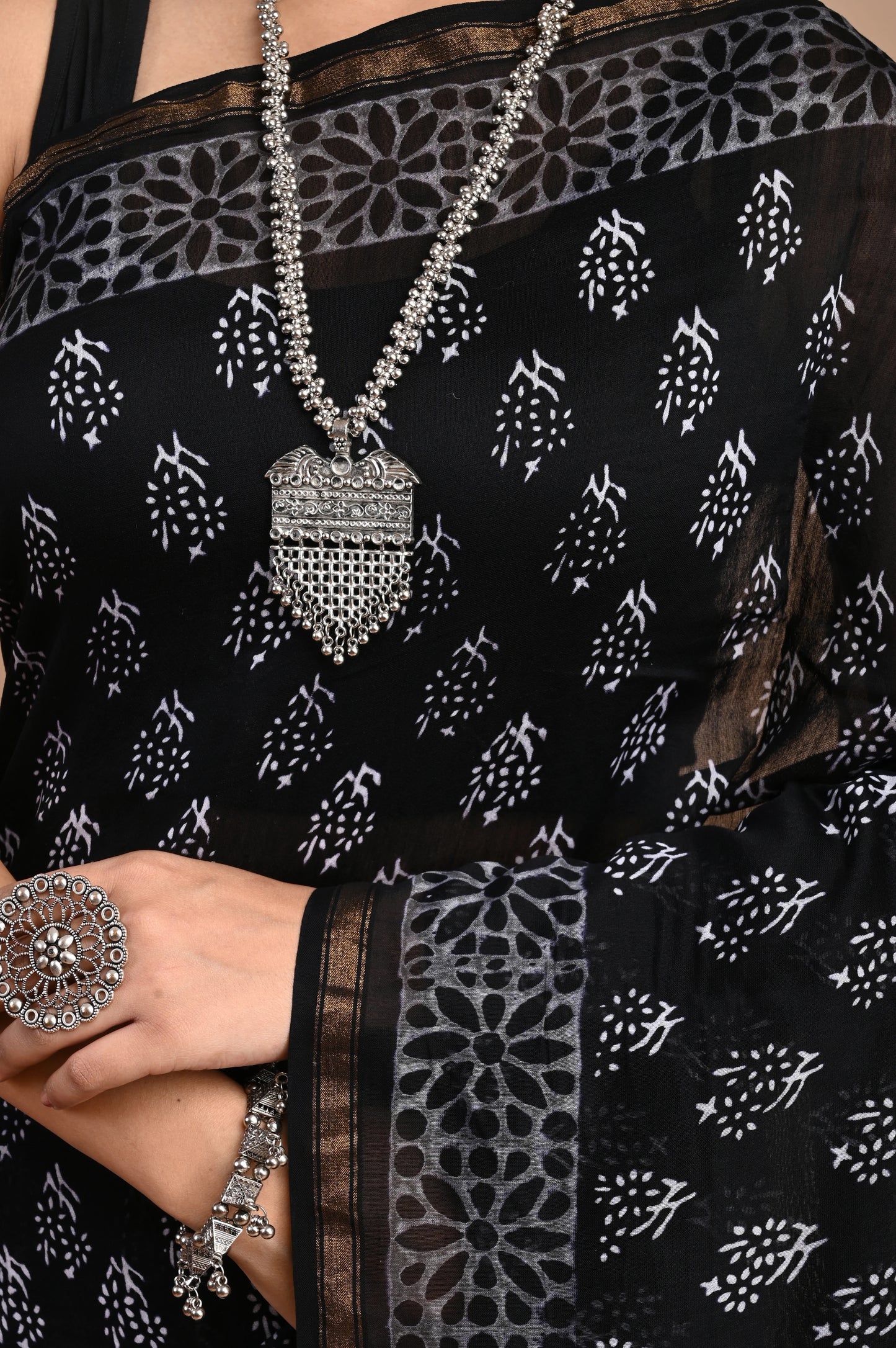 Hand Block Printed Chanderi Silk Saree (Black & White)